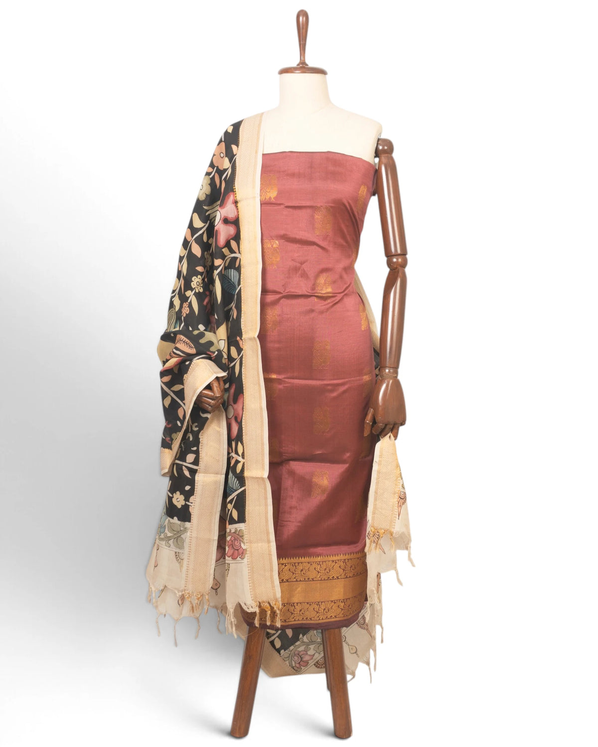 Uppada Silk Butta Maroon Salwar Suit Set W/O Bottom And Kalamkari Dupatta
