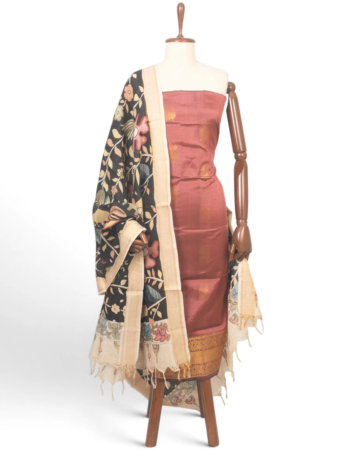 Uppada Silk Butta Maroon Salwar Suit Set W/O Bottom And Kalamkari Dupatta