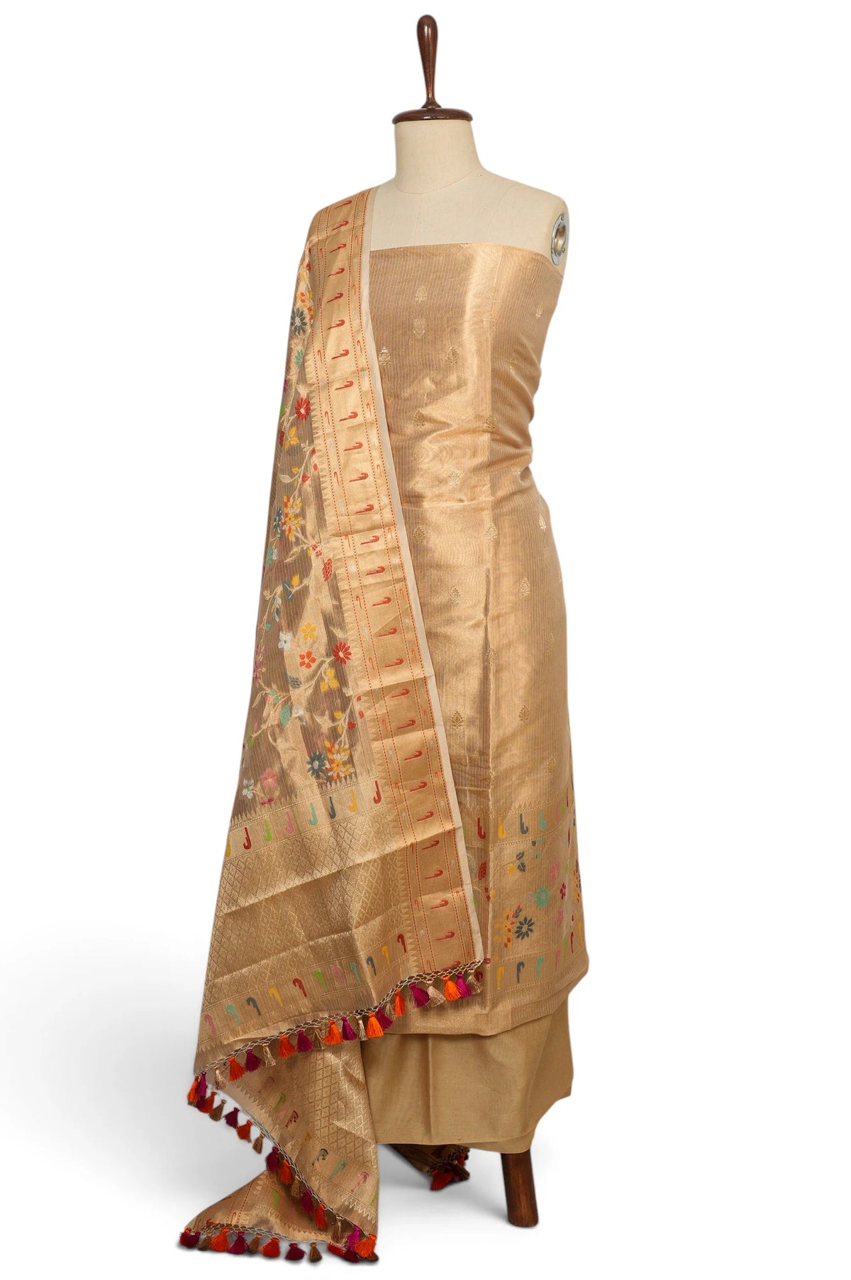 Banarasi Kora Organza Tissue Lines And Butta Gold Salwar Suit Set