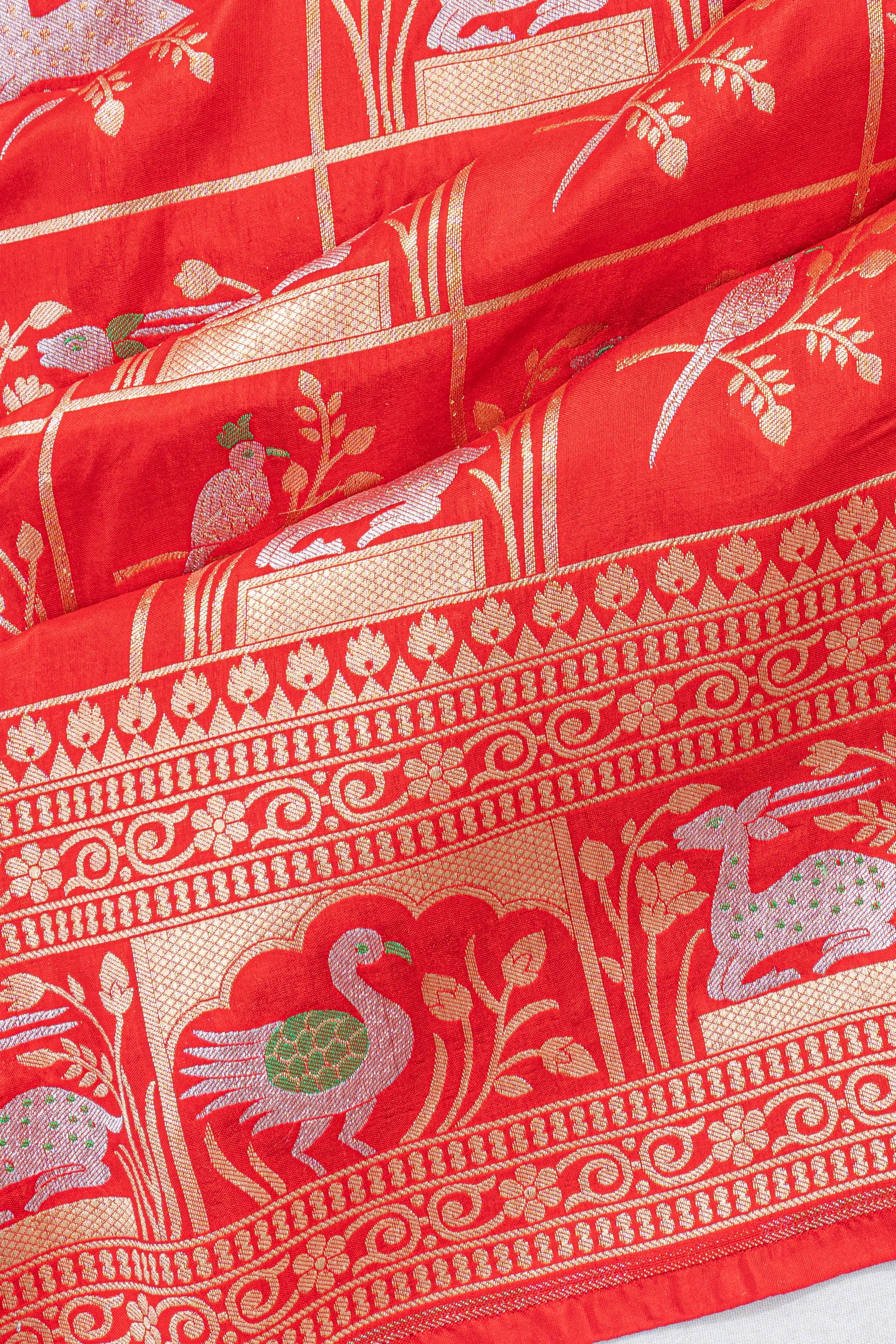 Banarasi Silk Checks And Butta Red Saree