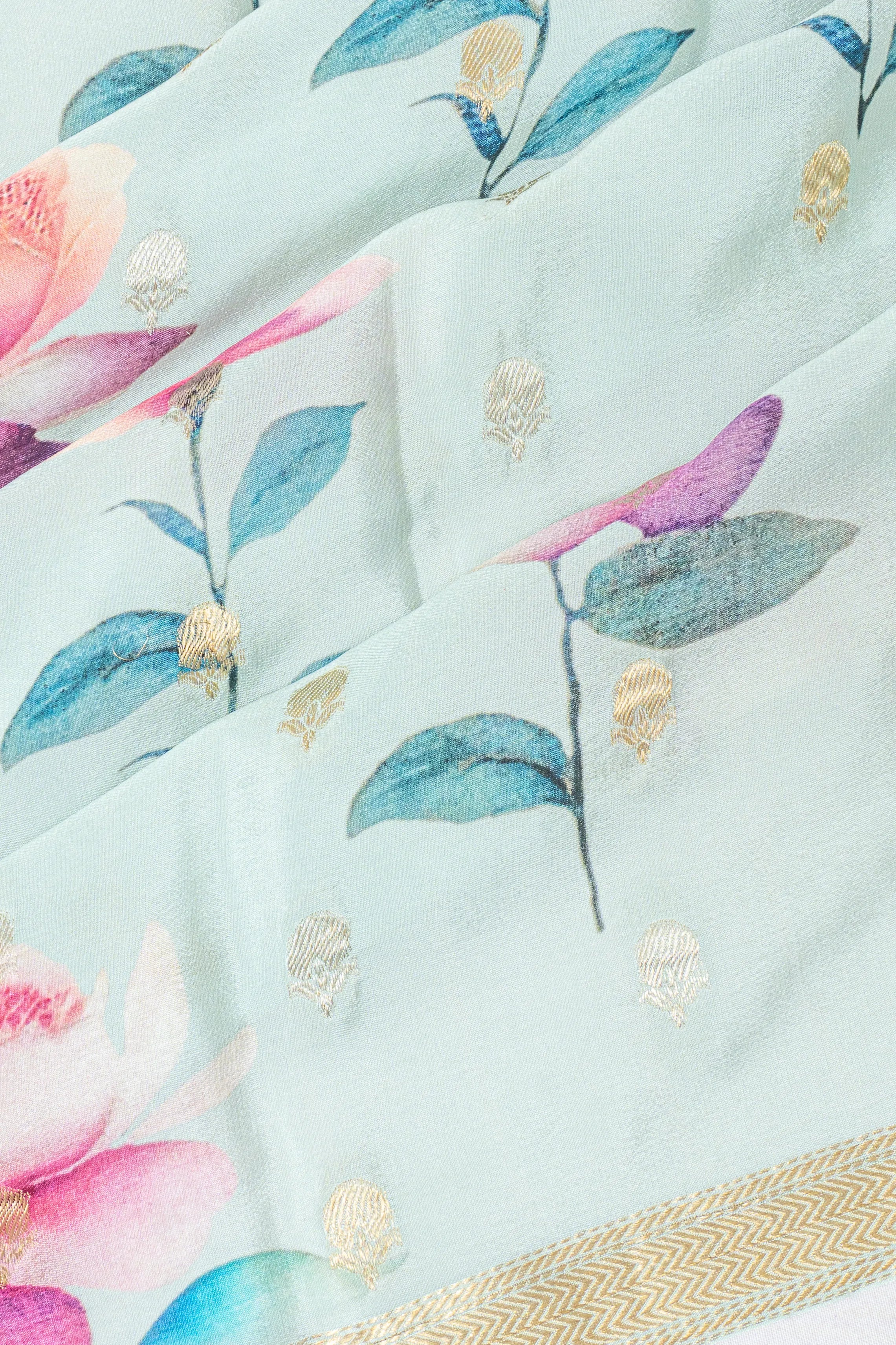 Crepe Floral Printed And Butta Light Blue Saree