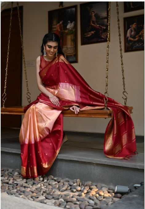 Kanchipuram Silk Tissue Plain Baby Pink And Maroon Saree