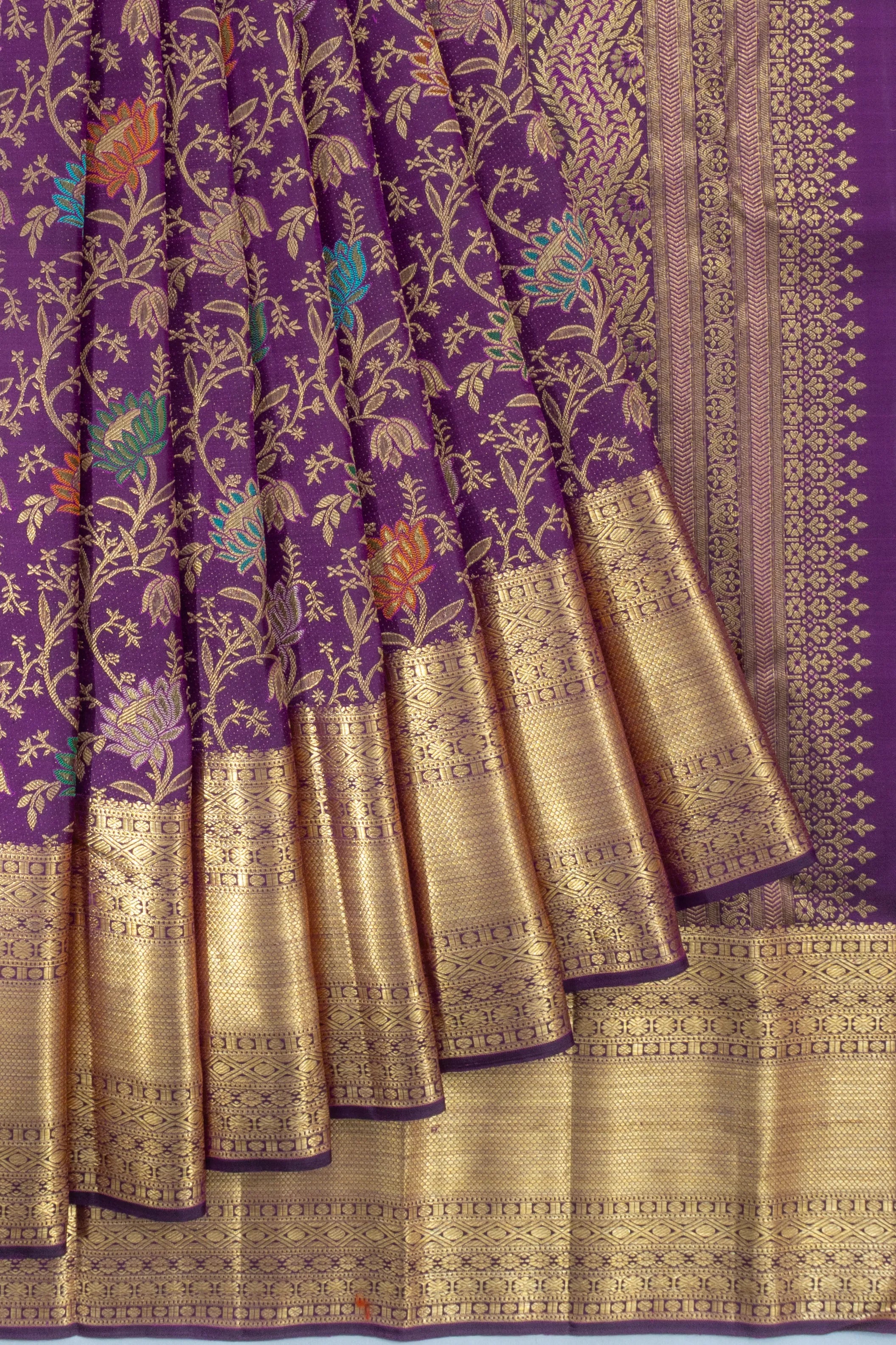 Kanchipuram Silk Jaal Purple Saree With Meenakari Highlights