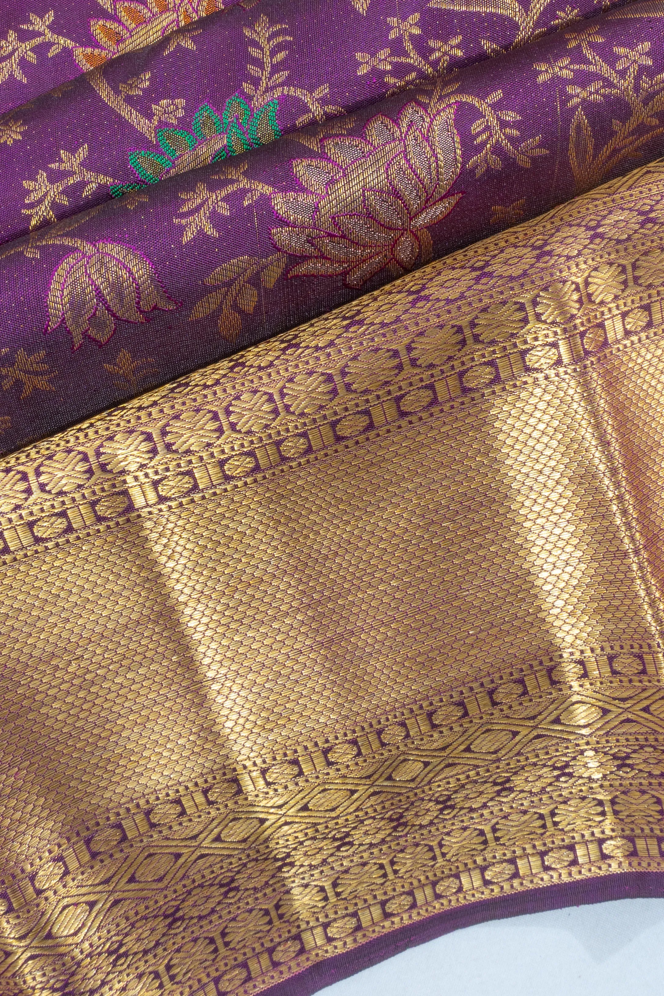 Kanchipuram Silk Jaal Purple Saree With Meenakari Highlights