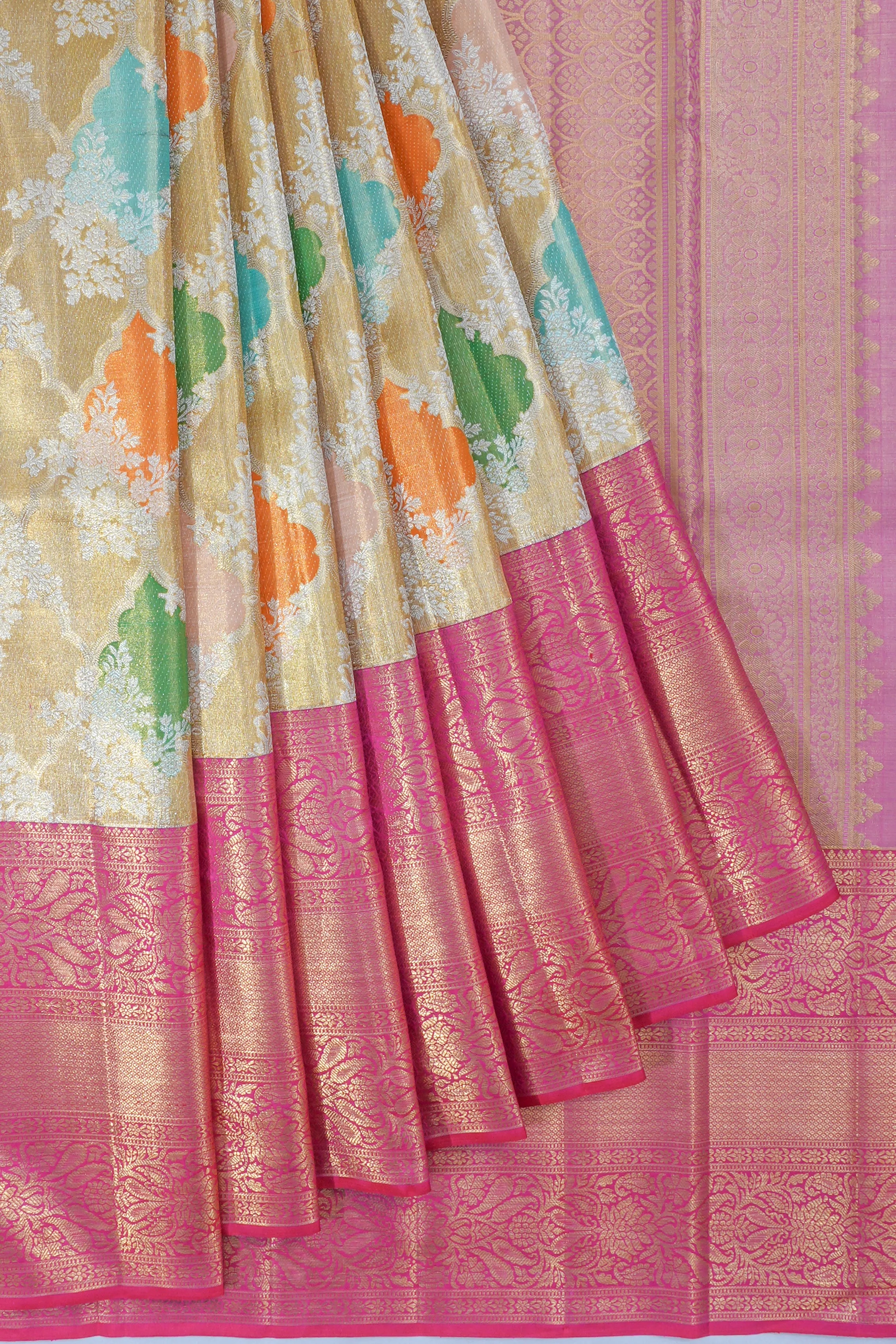 Kanchipuram Silk Tissue Jaal Rangkat Gold Saree