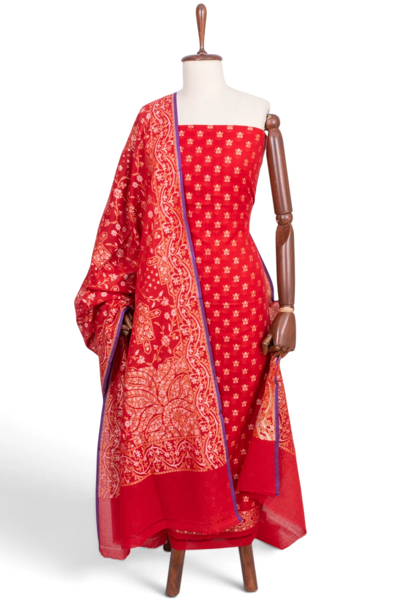 Banarasi Cotton Brocade Red Salwar Suit Set W/O Bottom