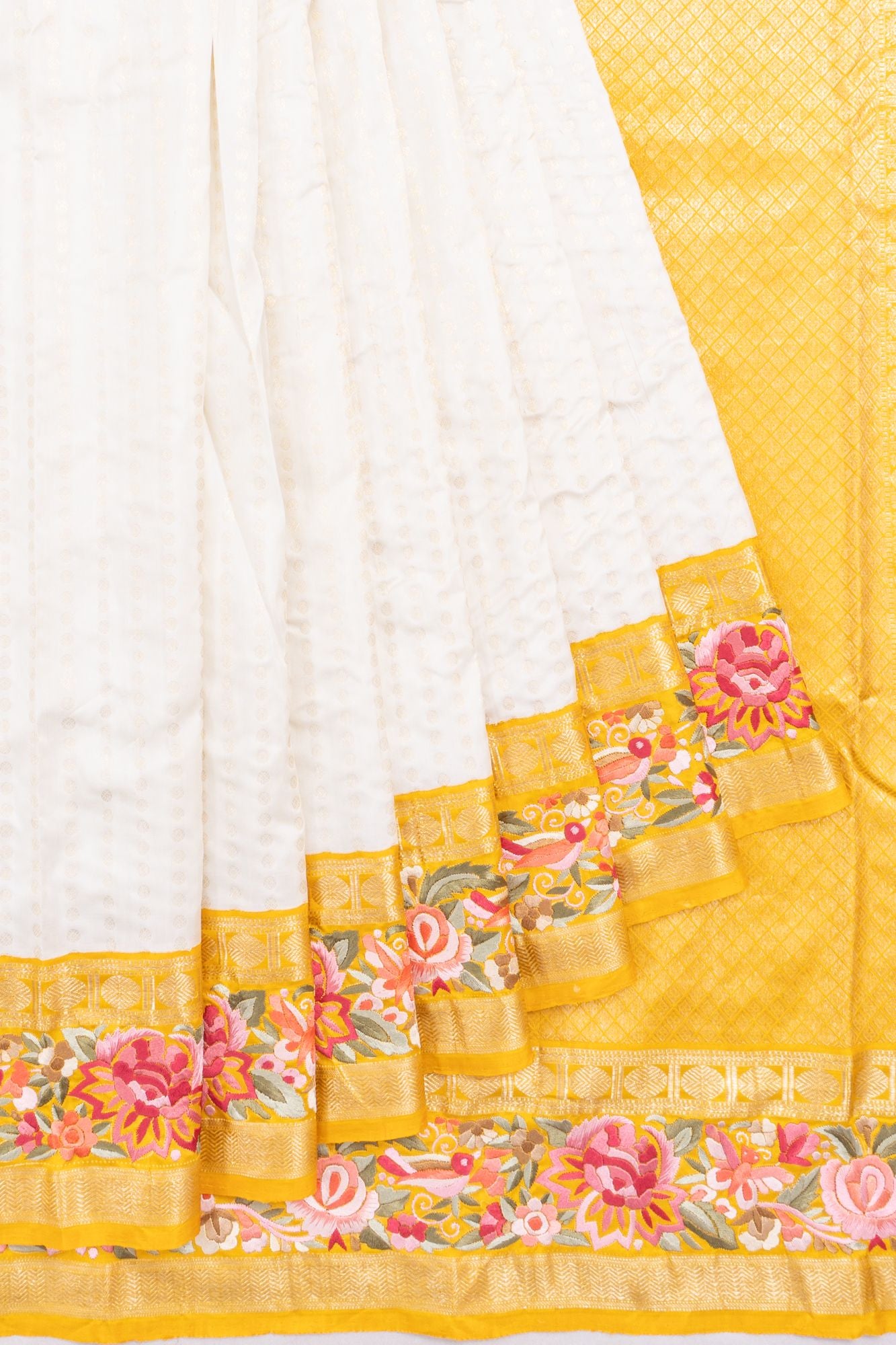 Parsi Gara X Kanchipuram Silk Butta White Saree