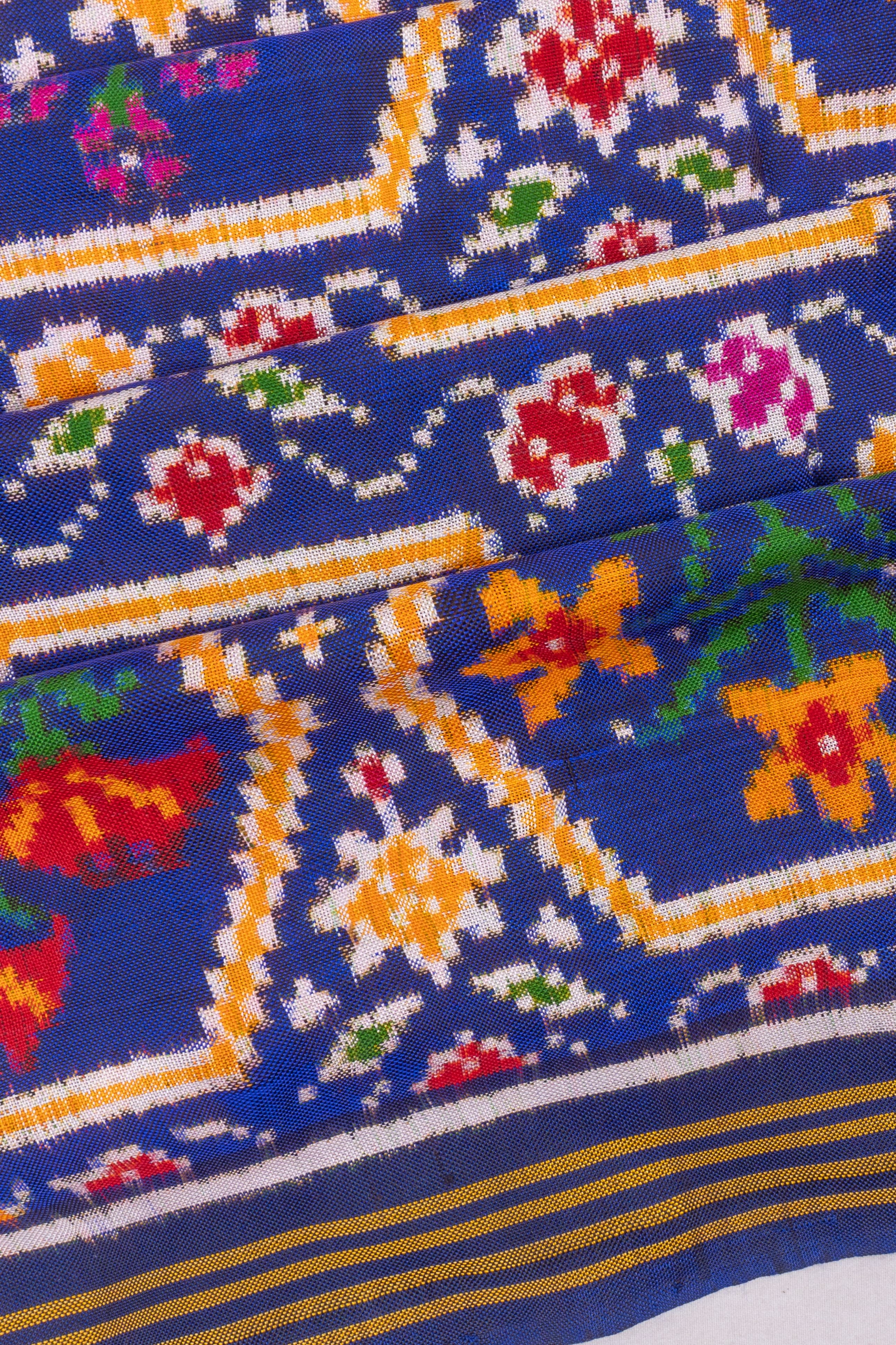 Patan Patola Silk Double Ikat Phool Bhat Blue Saree