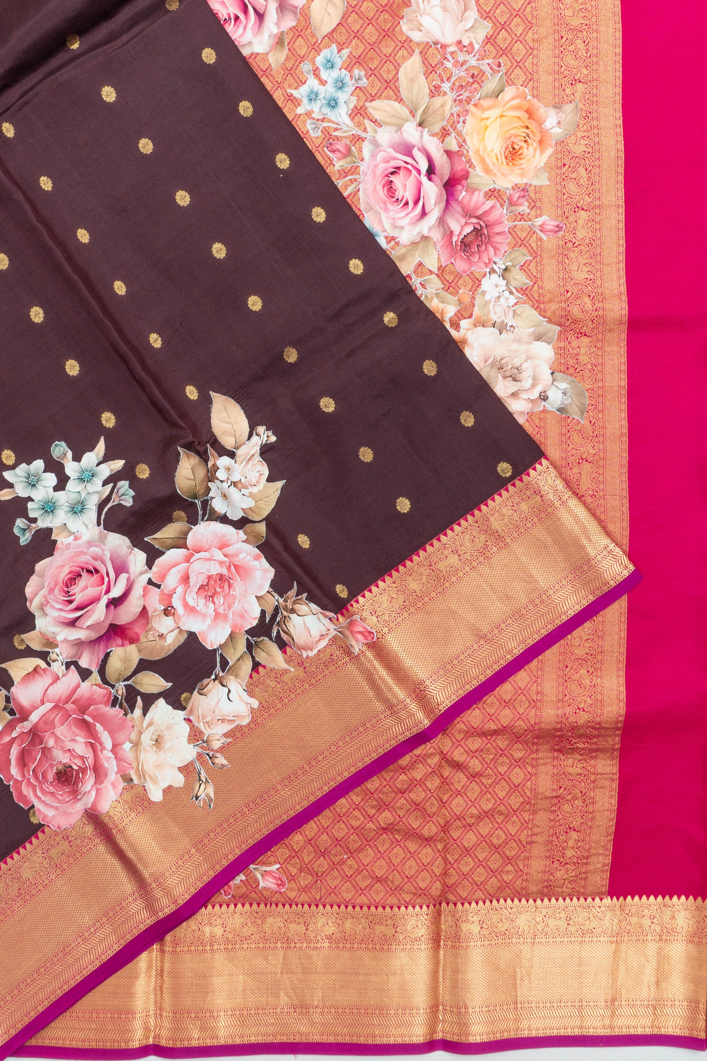 Kanchipuram Silk Butta Dark Brown Saree With Floral Applique Work