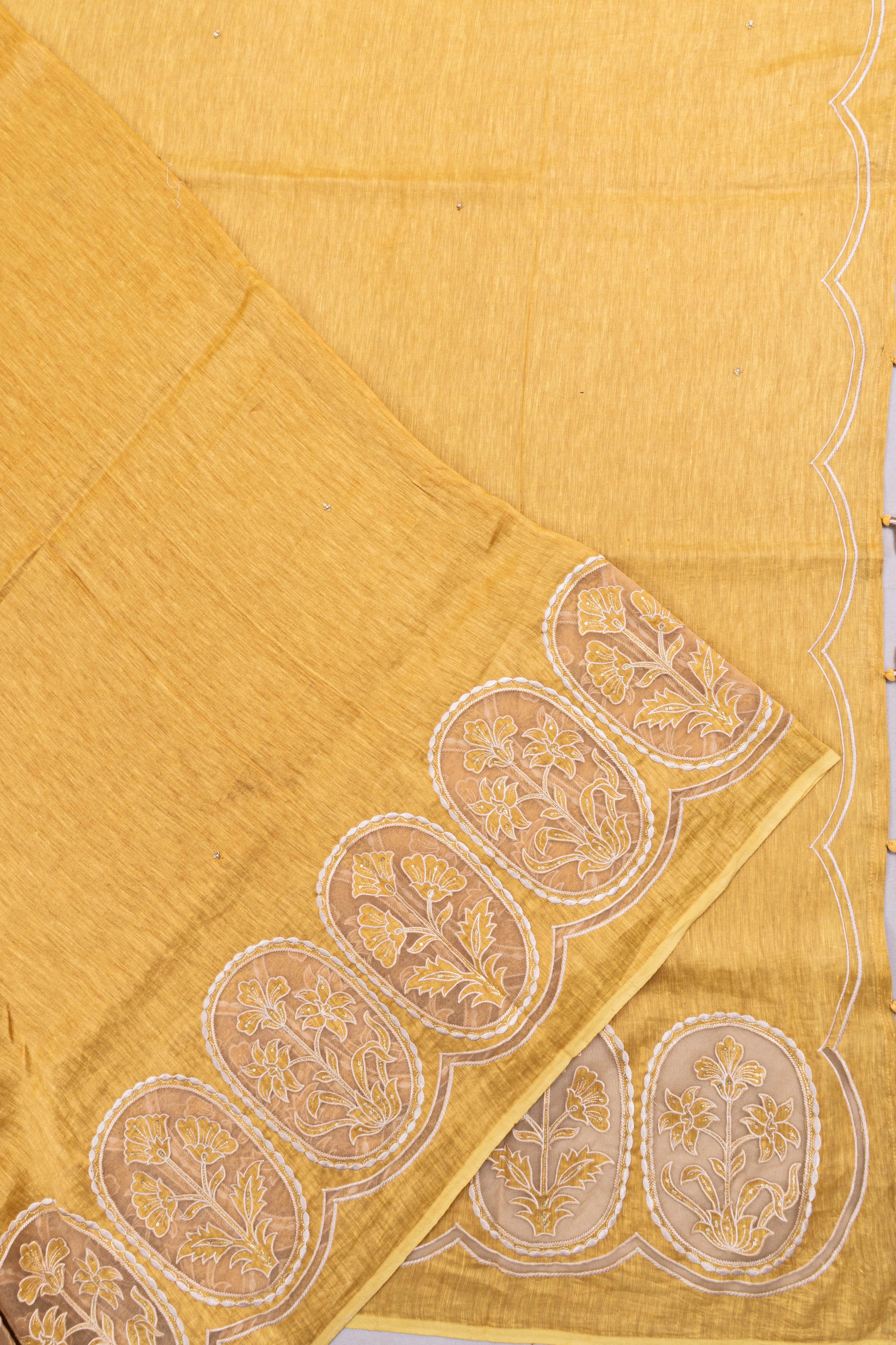 Linen Sequin Butta Yellow Saree With Embroidery Border