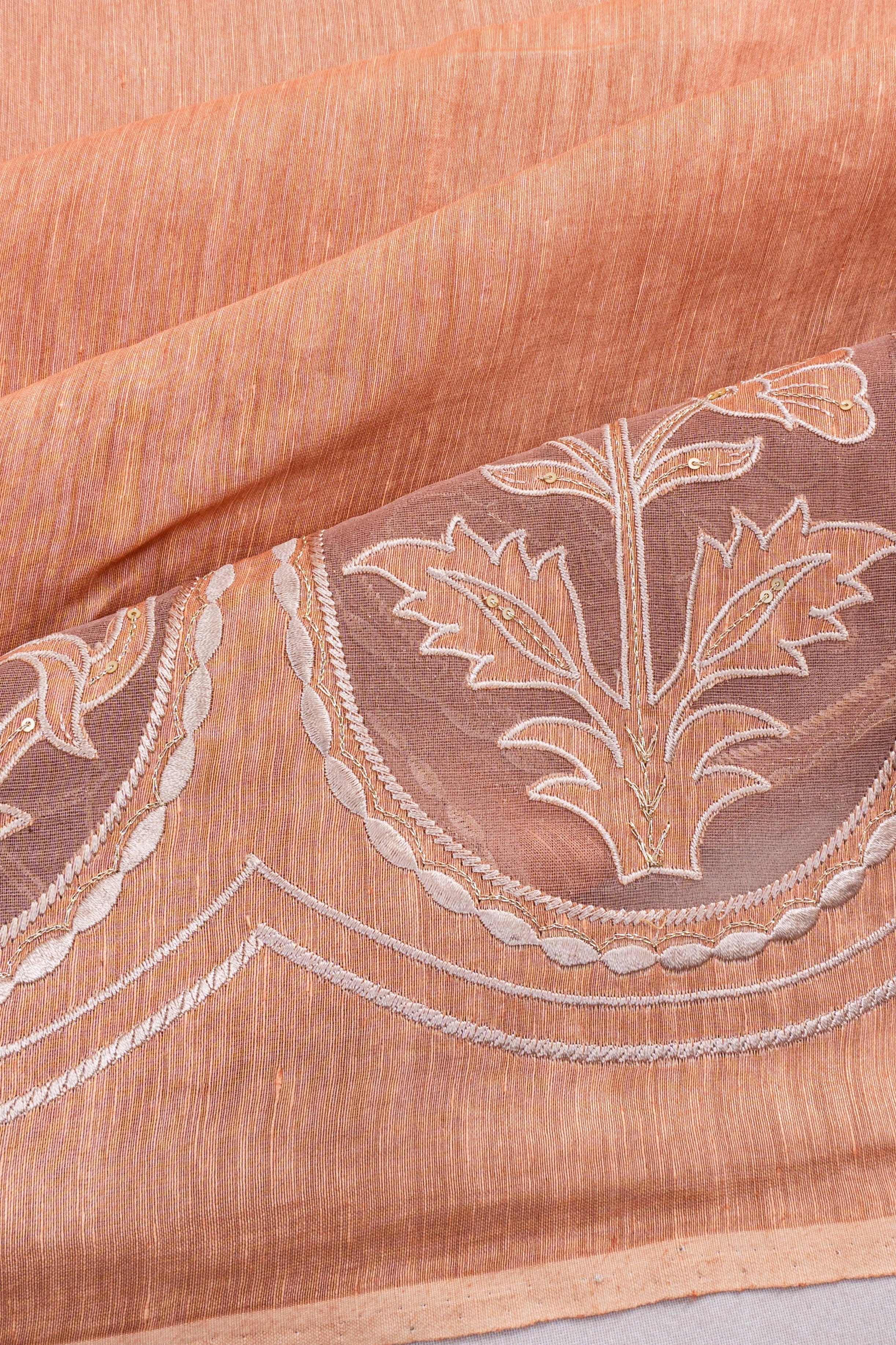 Linen Sequin Butta Orange Saree With Embroidery Border