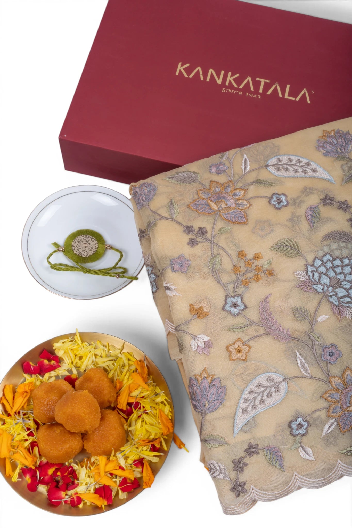 Organza Embroidery Pastel Yellow Saree With Gift Box And Rakhi