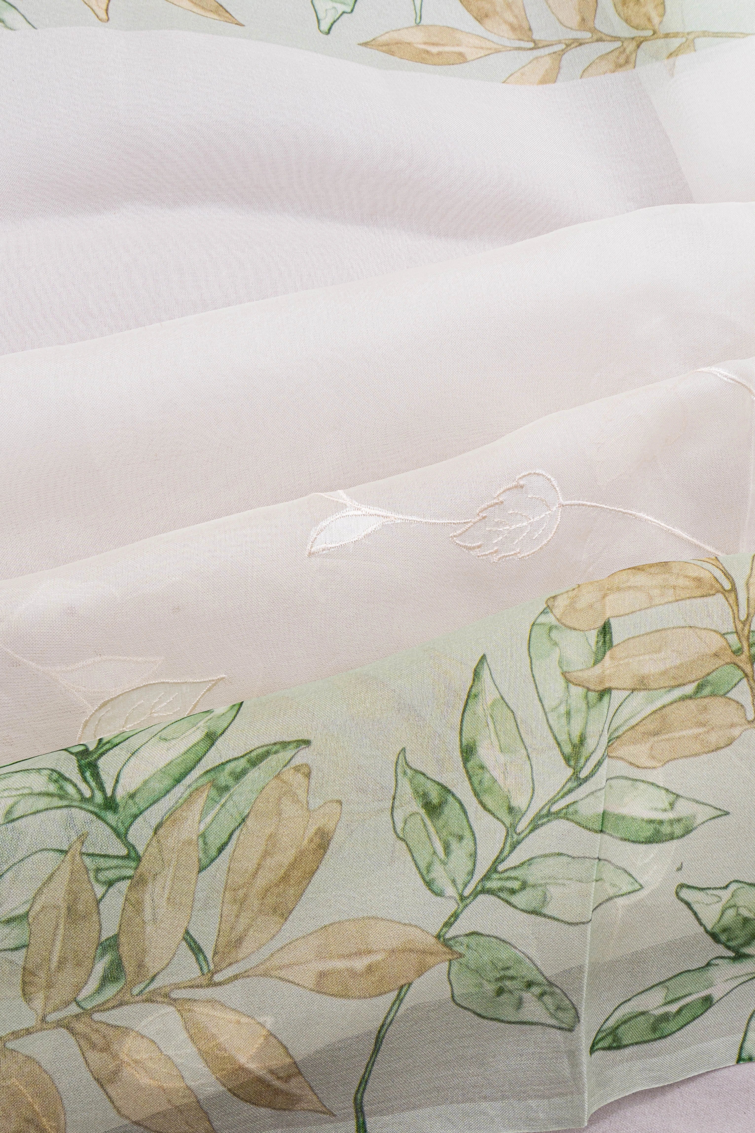 Organza Floral Applique Work White Saree