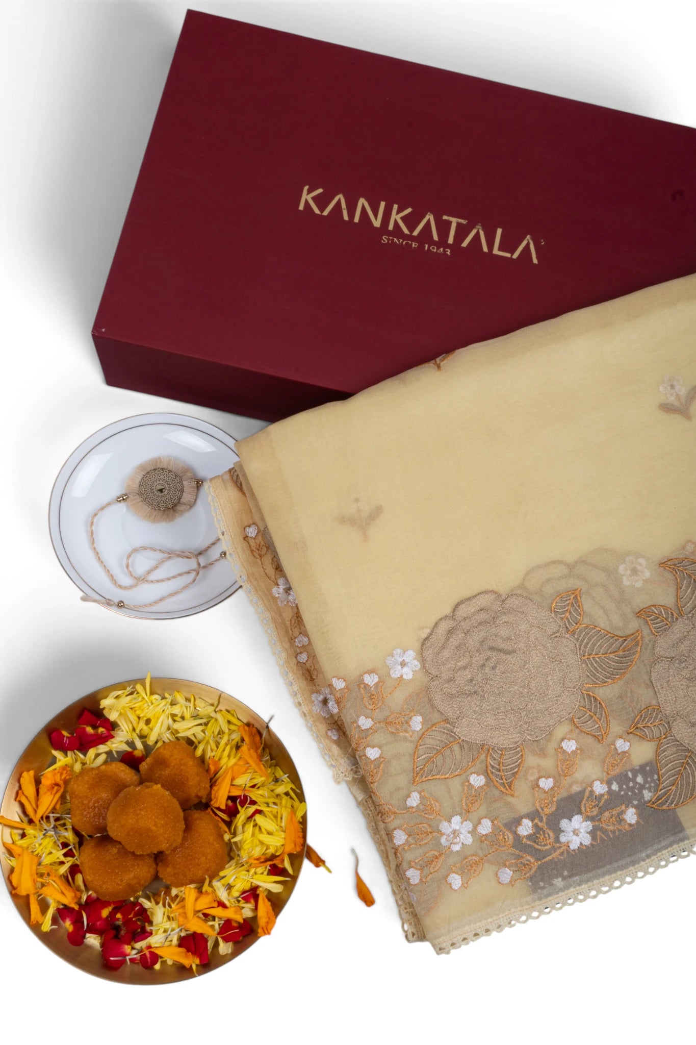 Organza Embroidery Butta Pale Yellow Saree With Gift Box And Rakhi