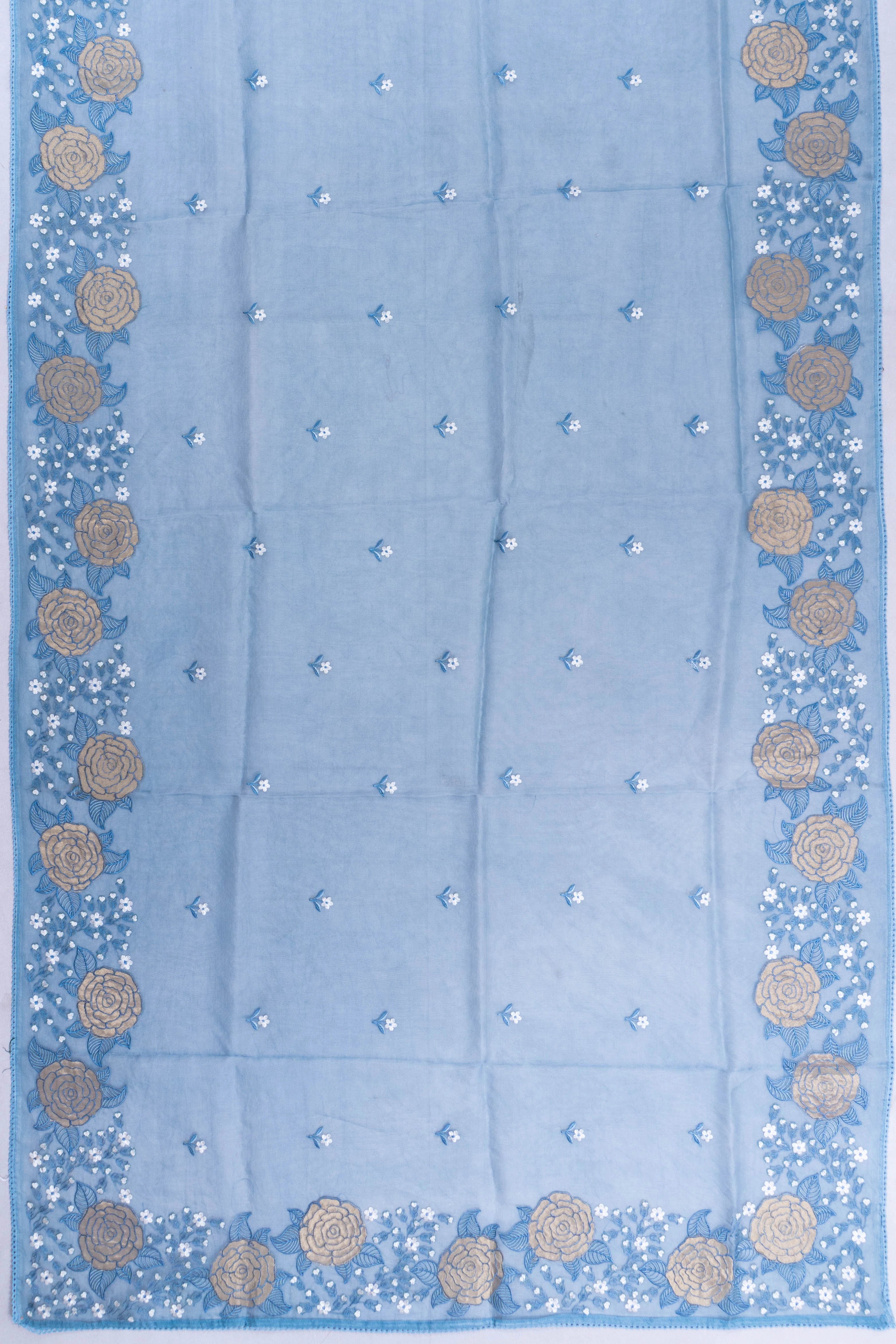 Organza Embroidery Butta Blue Saree With Gift Box And Rakhi