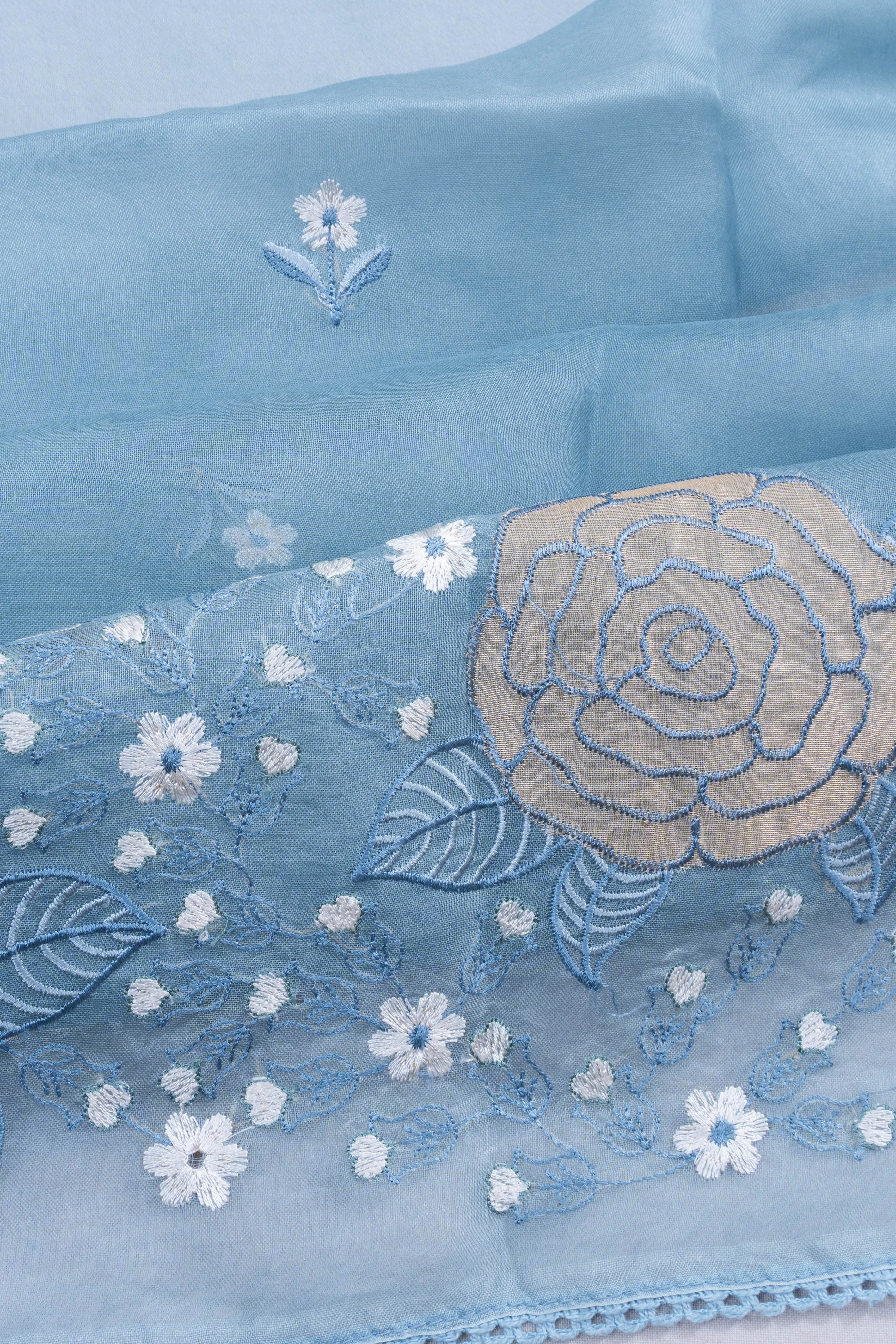 Organza Embroidery Butta Blue Saree