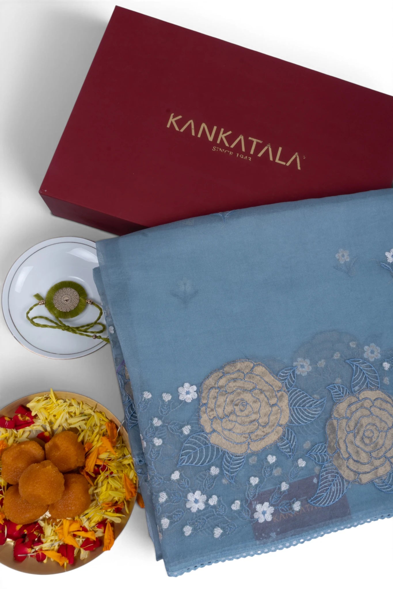 Organza Embroidery Butta Blue Saree With Gift Box And Rakhi