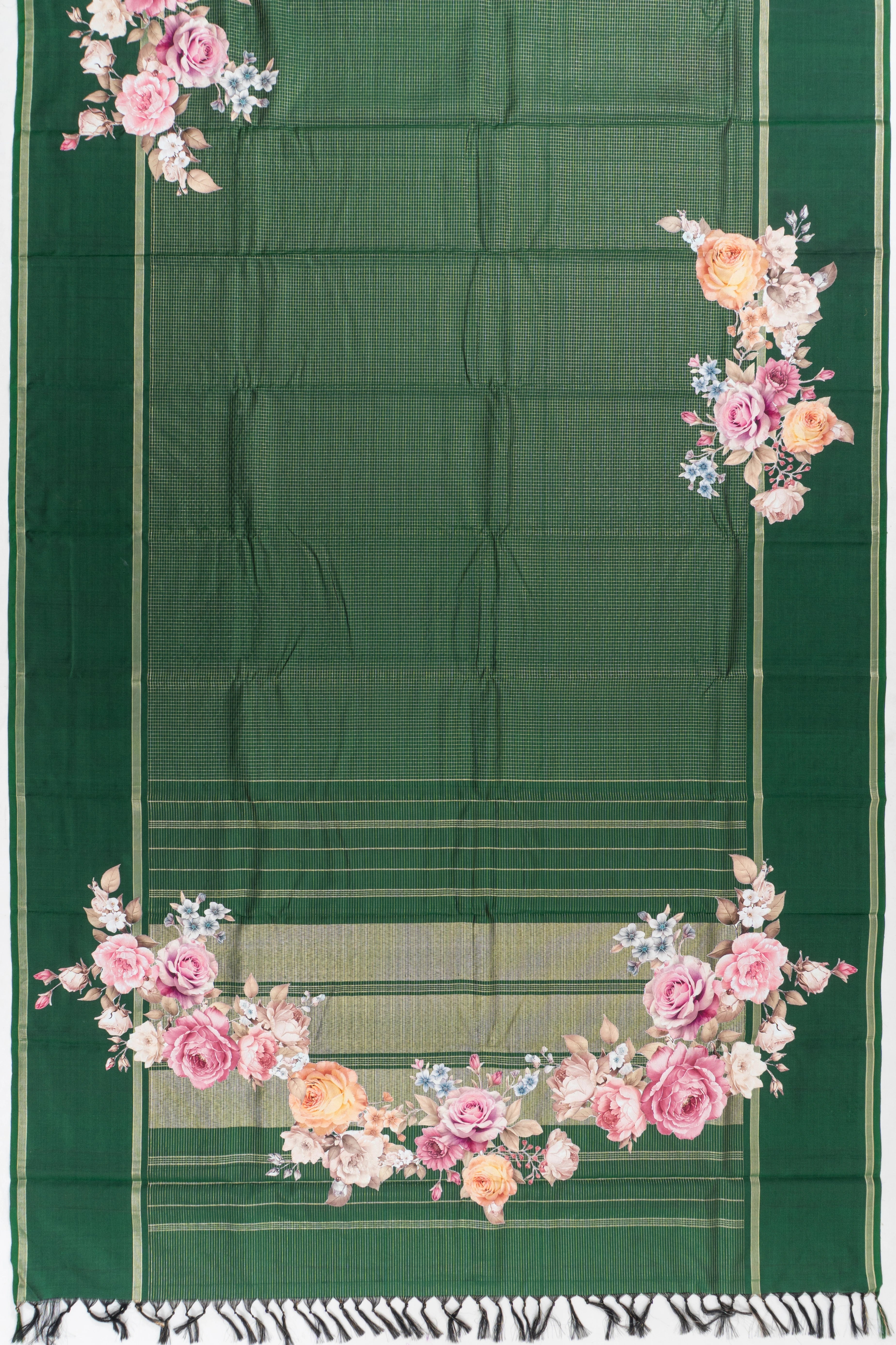 Kanchipuram Silk Checks And Applique Work Bottle Green Saree With Gift Box And Rakhi