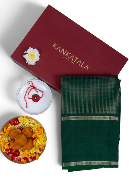 Kanchipuram Silk Checks And Applique Work Bottle Green Saree With Gift Box And Rakhi