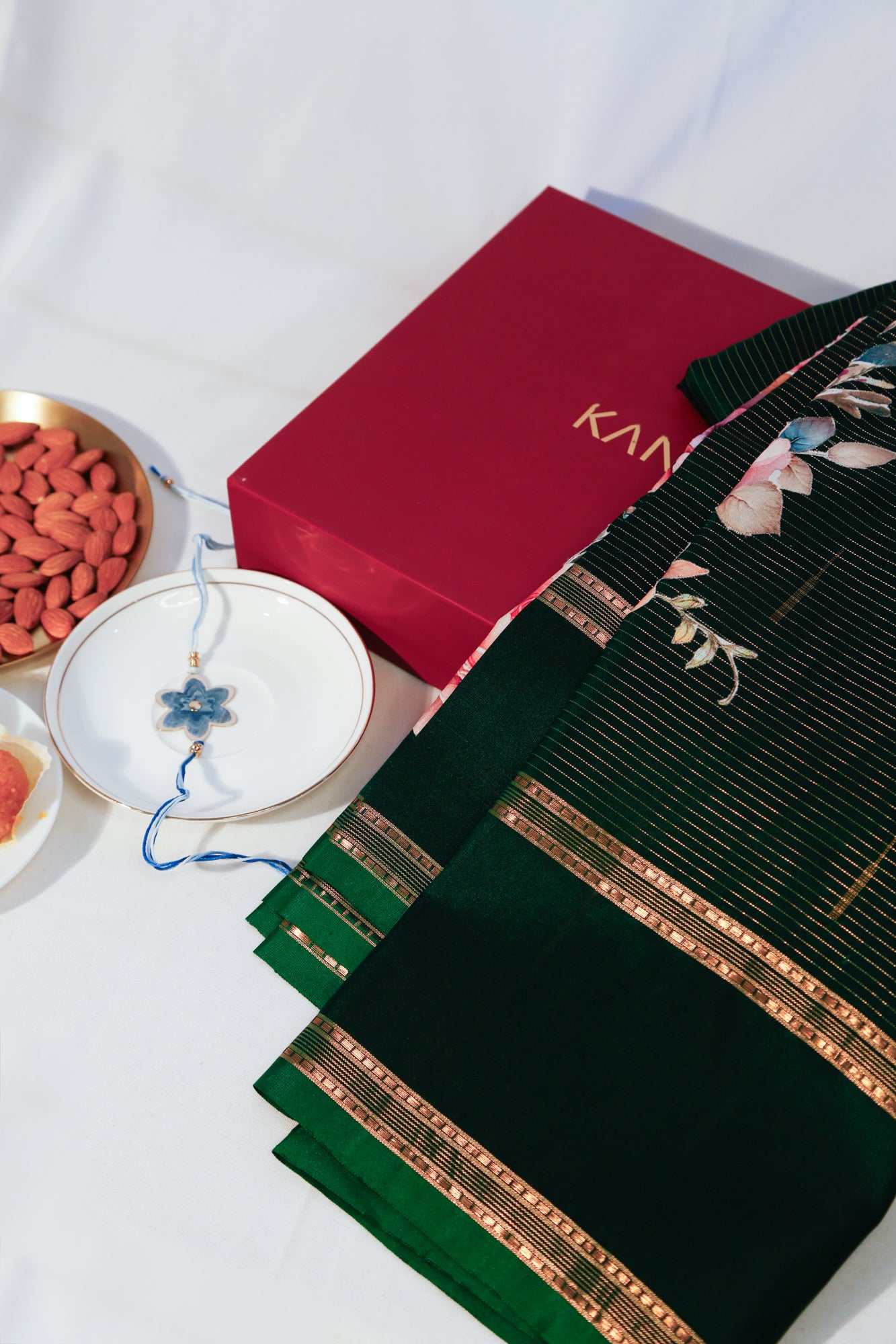 Kanchipuram Silk Lines And Applique Work Green Saree With Gift Box And Rakhi