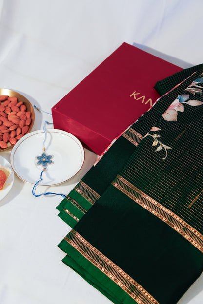 Kanchipuram Silk Lines And Applique Work Green Saree With Gift Box And Rakhi