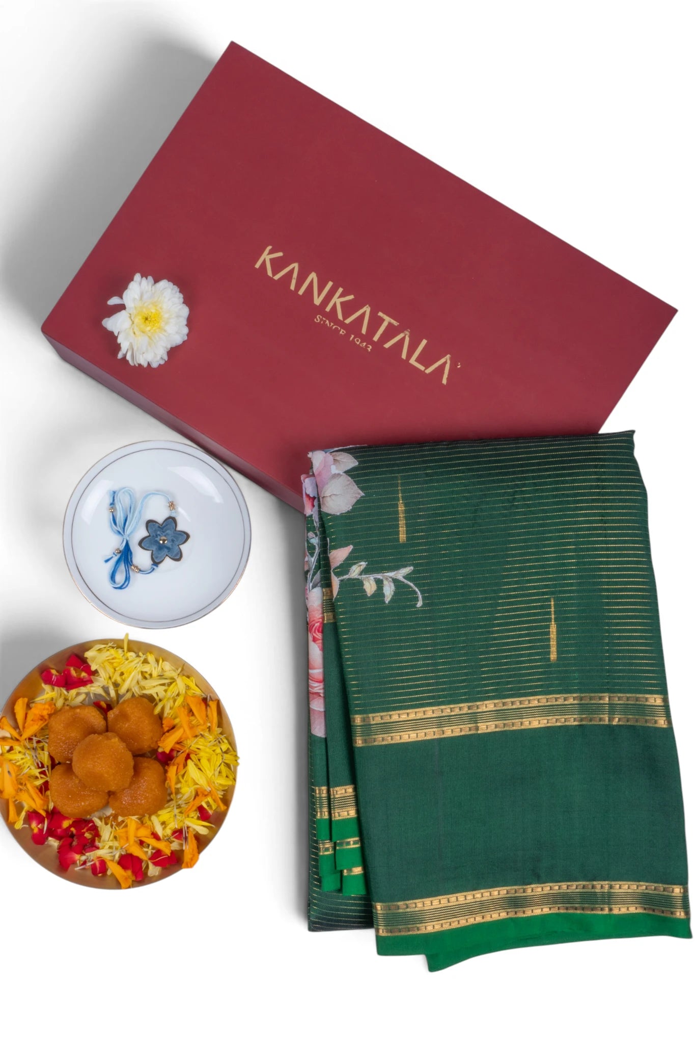 Kanchipuram Silk Lines And Applique Work Green Saree With Gift Box And Rakhi