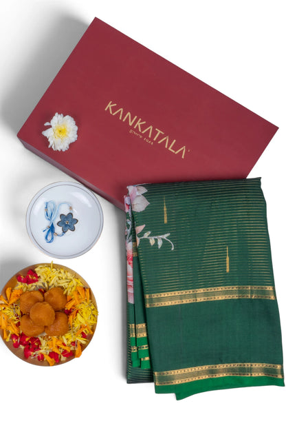 Kanchipuram Silk Lines And Applique Work Green Saree With Gift Box And Rakhi