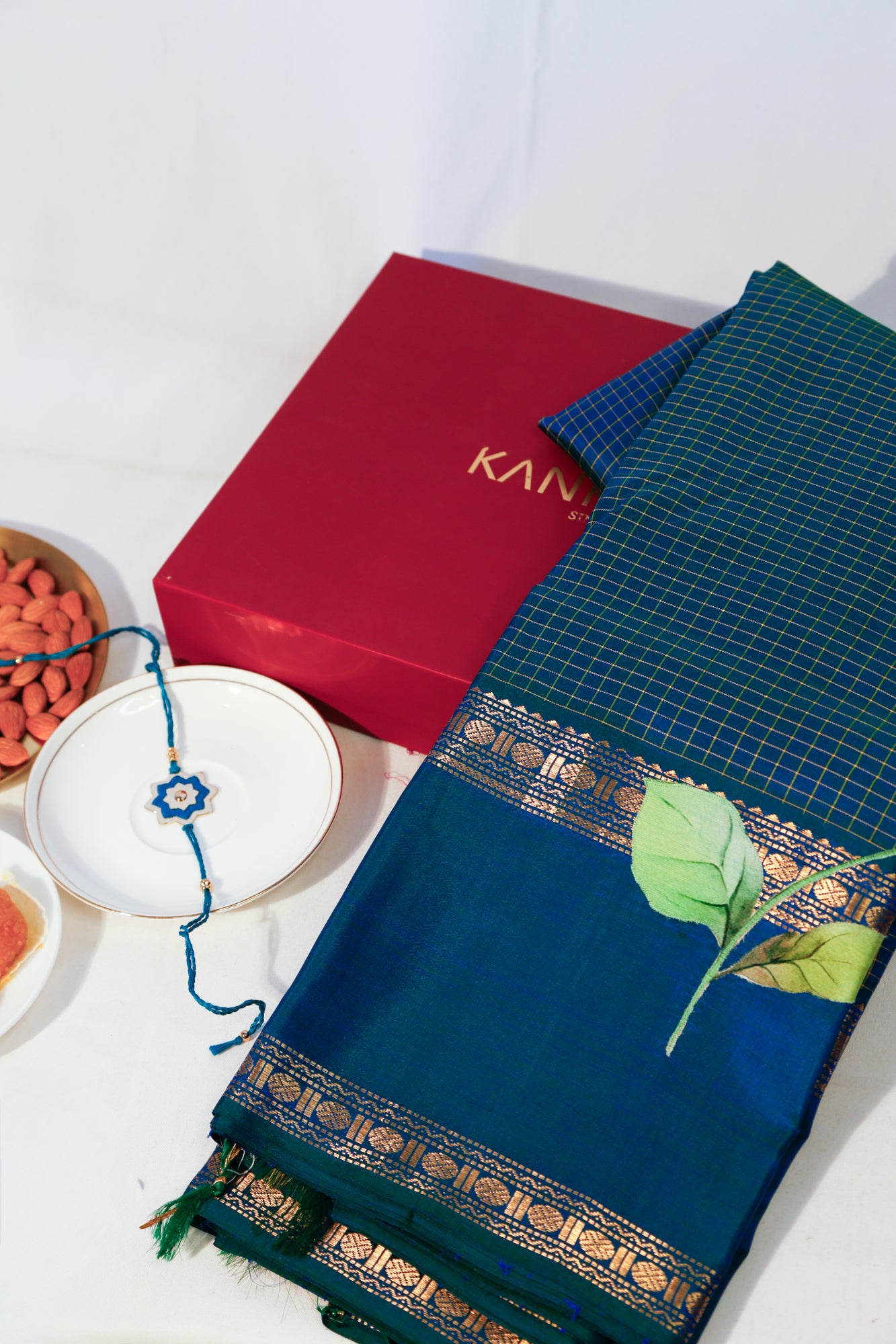 Kanchipuram Silk Checks And Applique Work Blue Saree With Gift Box And Rakhi