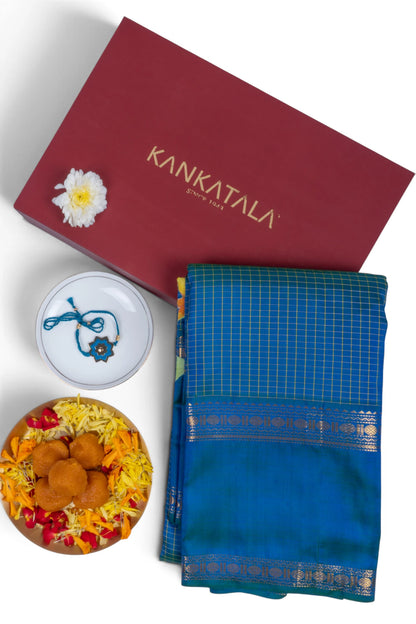 Kanchipuram Silk Checks And Applique Work Blue Saree With Gift Box And Rakhi