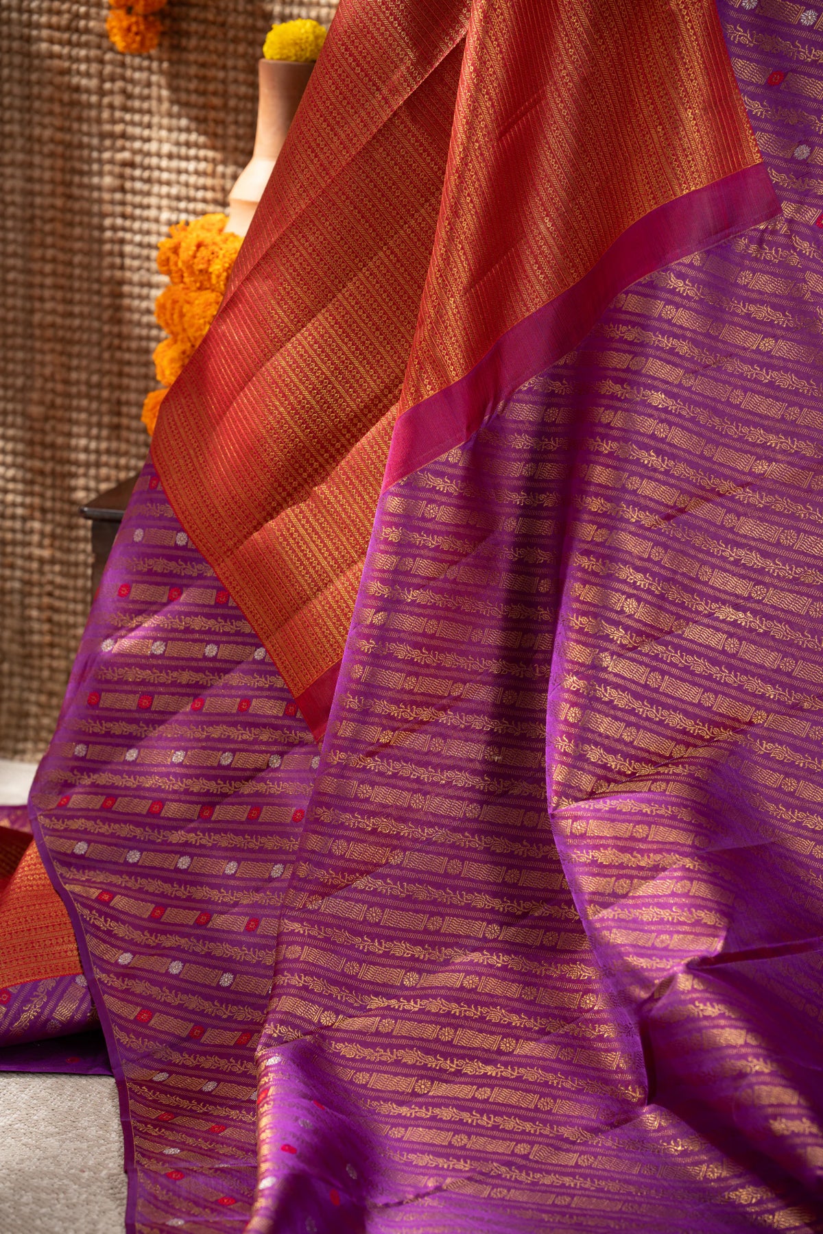 Kanchipuram Silk Brocade Rust Orange Saree
