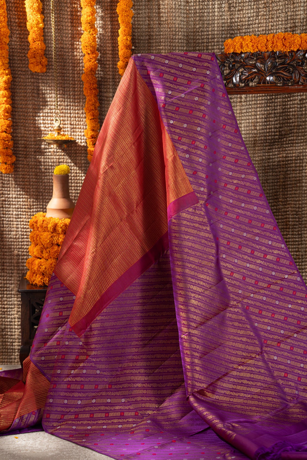 Kanchipuram Silk Brocade Rust Orange Saree
