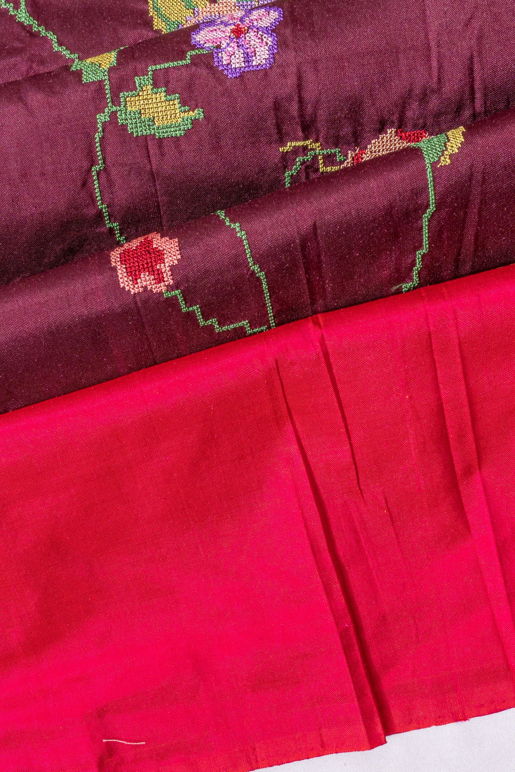 Pochampally Silk Ikat Embroidery Maroon Saree With Ganga Jamuna Border