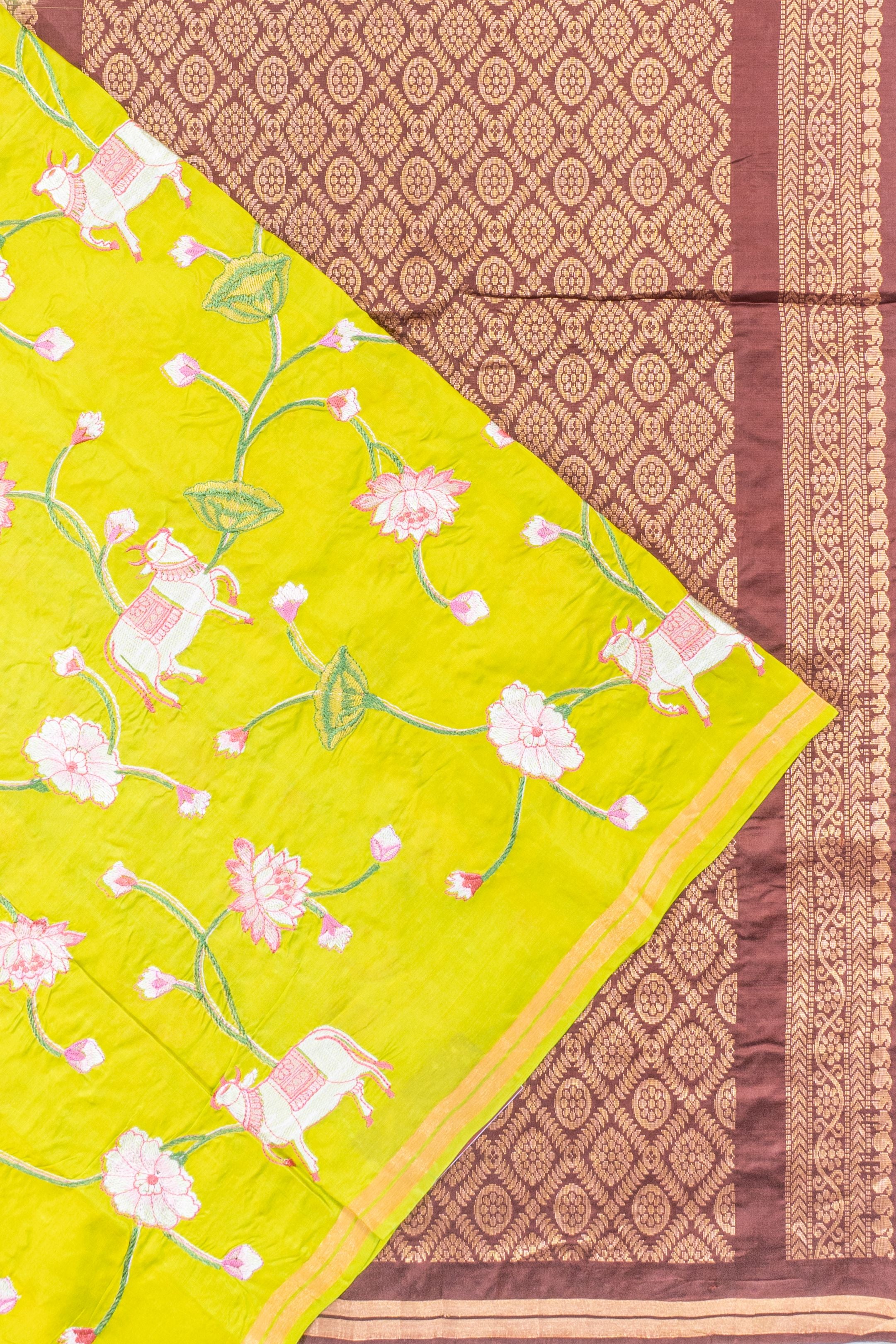 Soft Silk Embroidery Jaal Yellow Saree