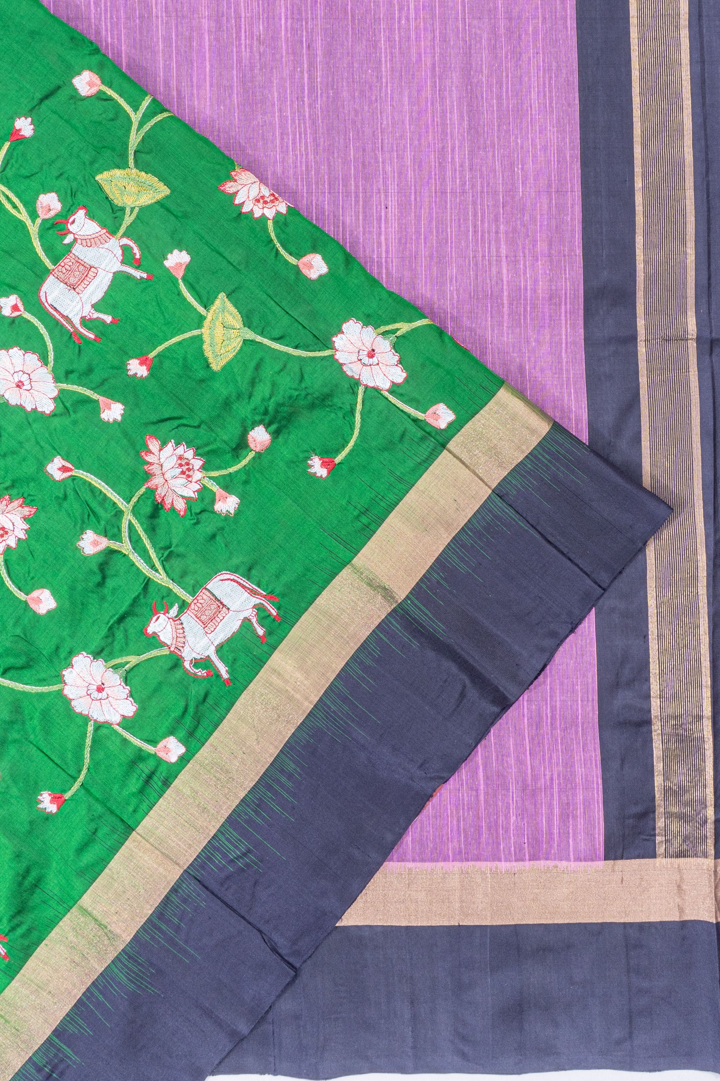 Soft Silk Embroidery Jaal Green Saree With Pichwai Motifs