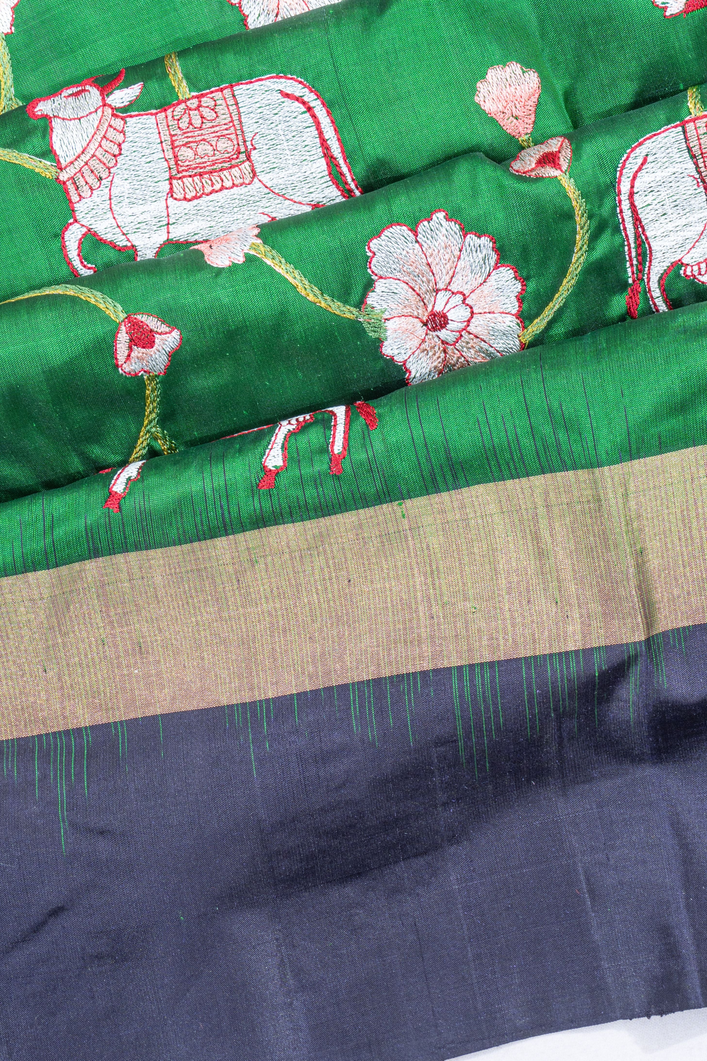 Soft Silk Embroidery Jaal Green Saree With Pichwai Motifs