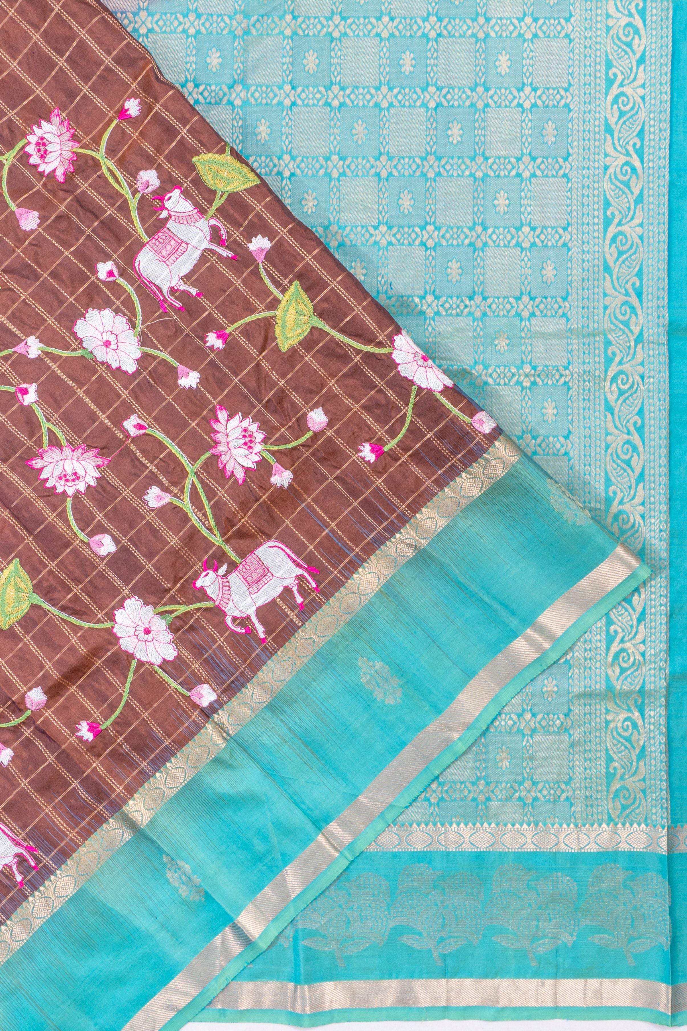 Soft Silk Embroidery Jaal And Checks Brown Saree With Pichwai Motifs