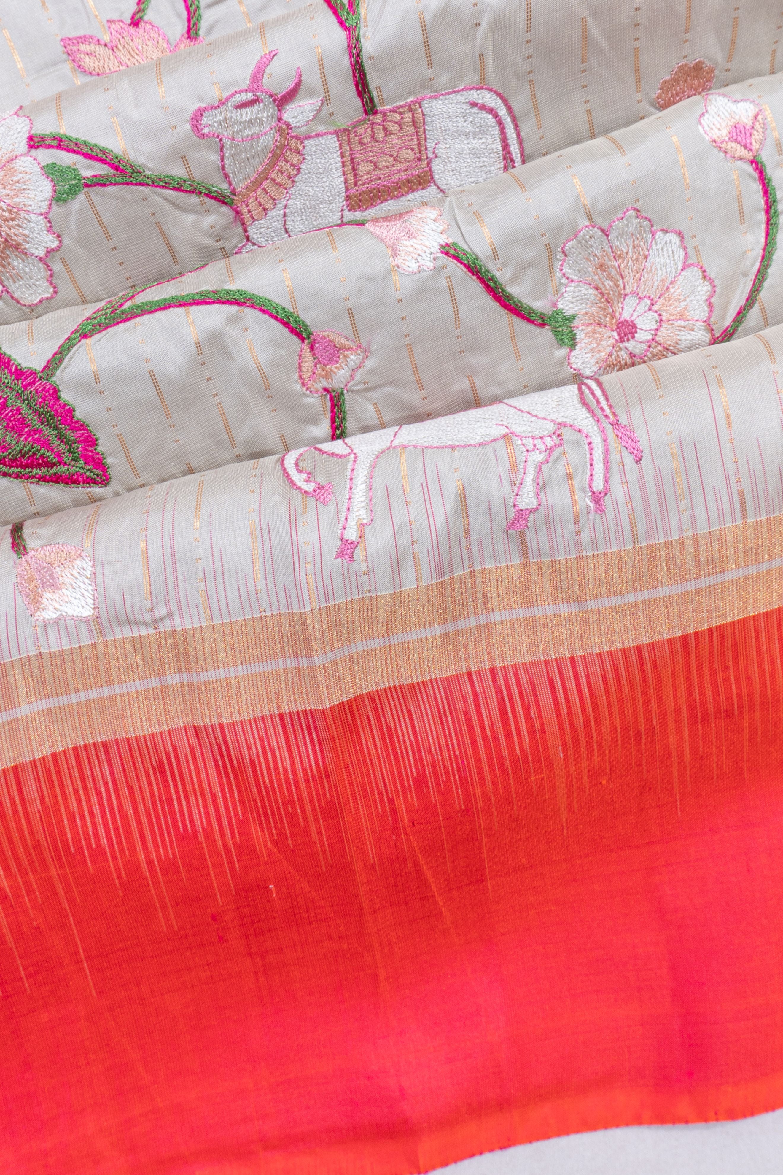 Soft Silk Embroidery Jaal And Lines Grey Saree With Pichwai Motifs