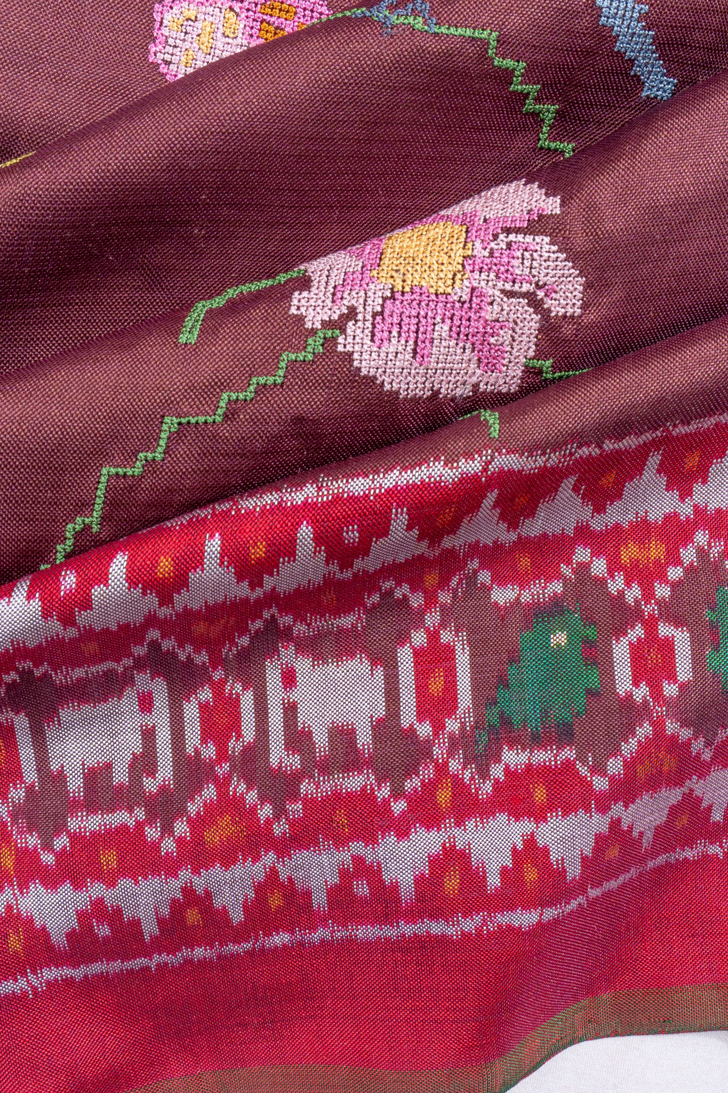 Pochampally Silk Ikat Brown Saree With Embroidery