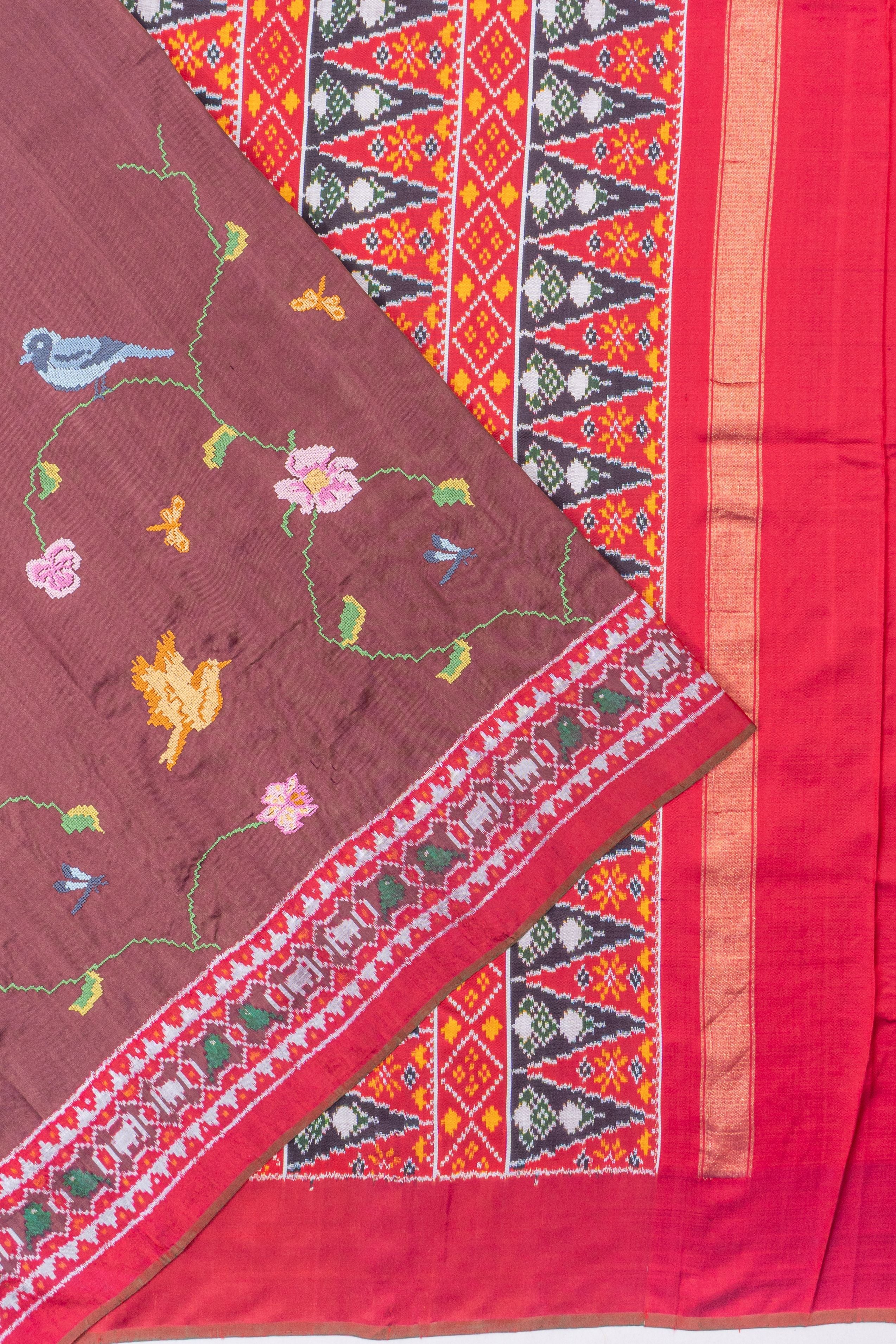 Pochampally Silk Ikat Brown Saree With Embroidery