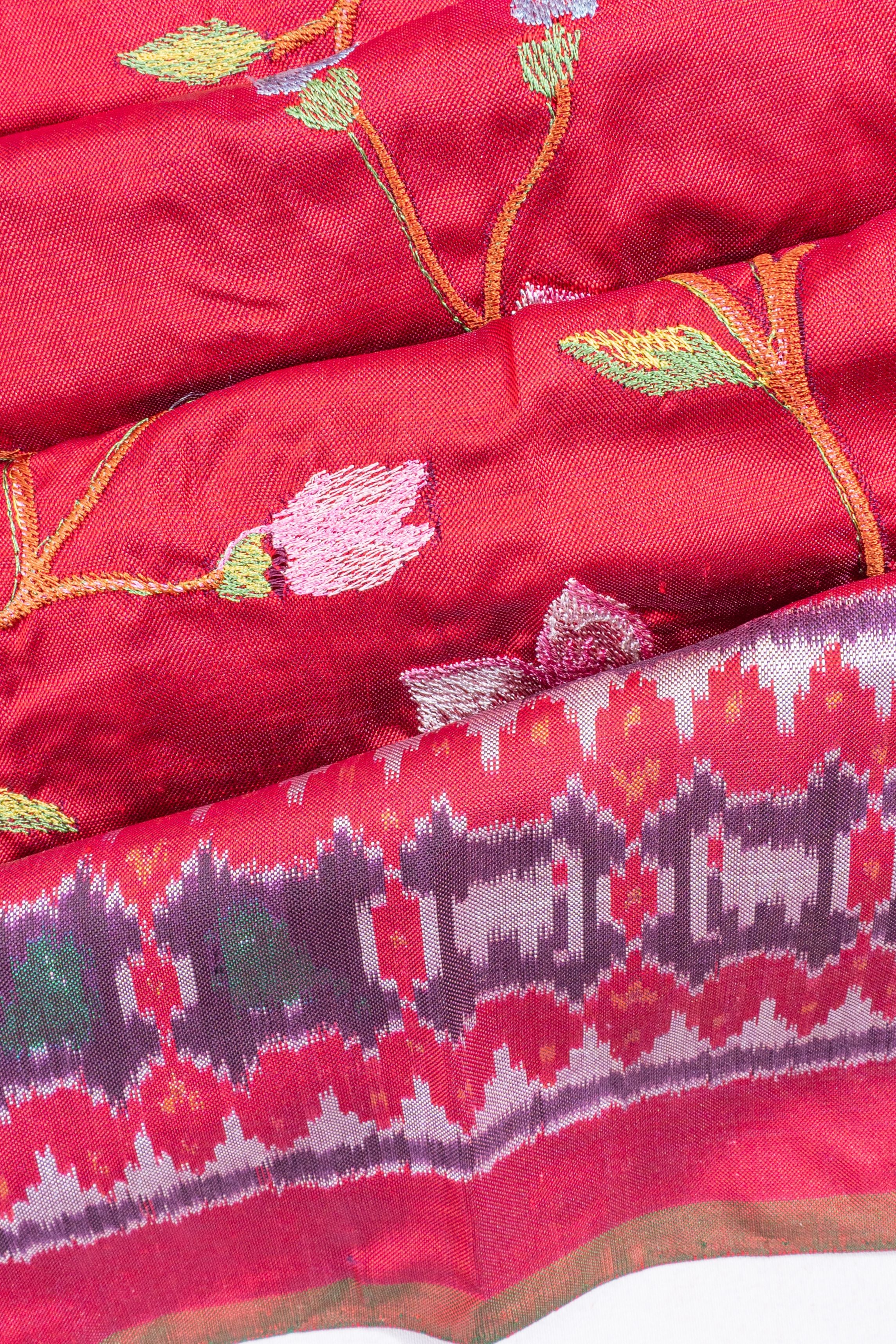 Pochampally Silk Ikat Red Saree With Embroidery