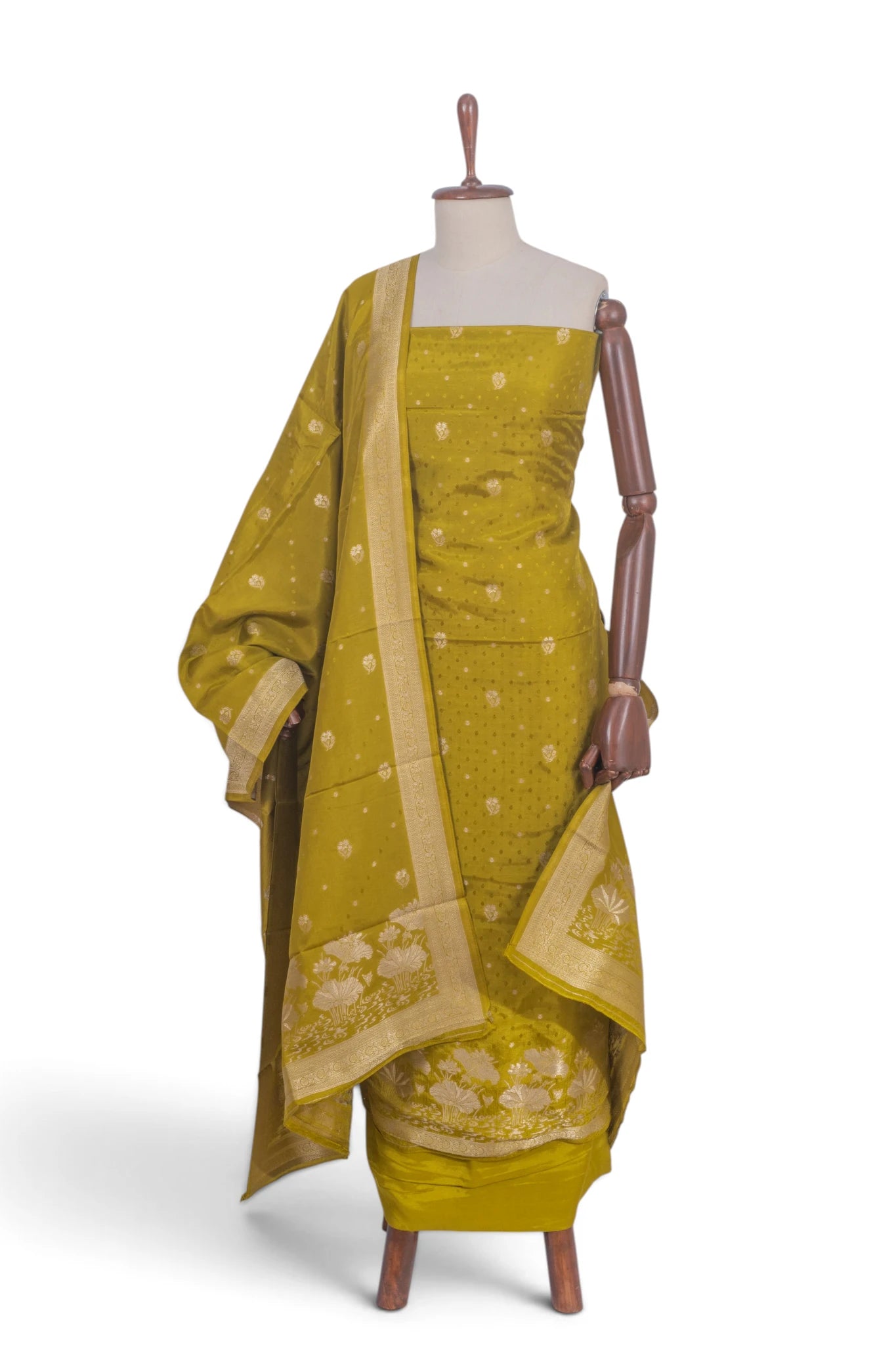 Vaanya Banaras Silk Jaquard And Butta Mehandi Green Salwar Suit Set