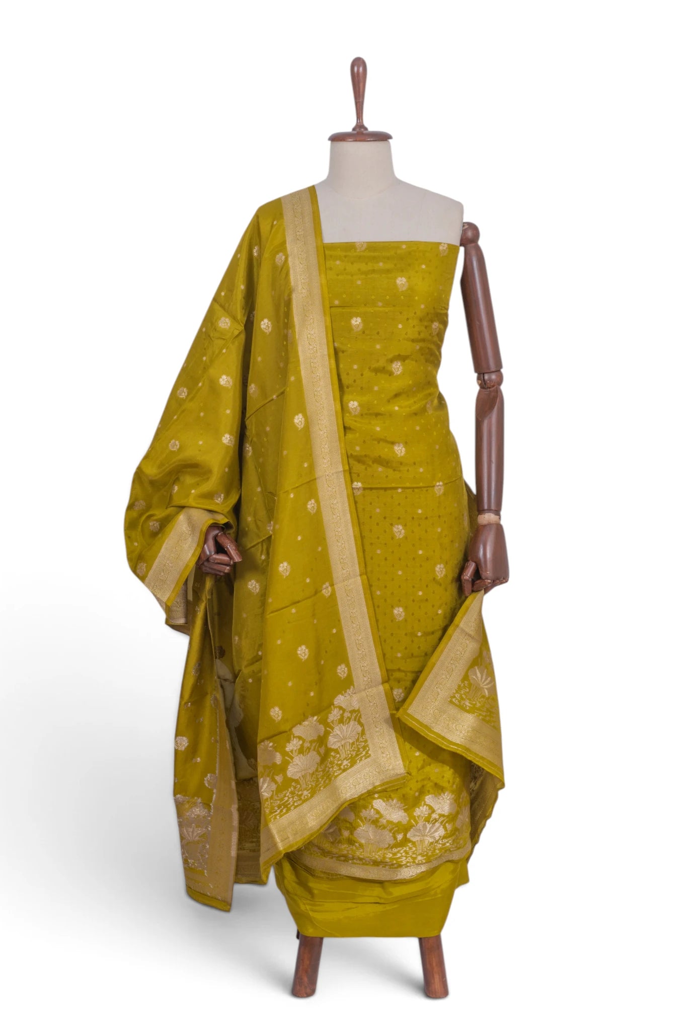 Vaanya Banaras Silk Jaquard And Butta Mehandi Green Salwar Suit Set