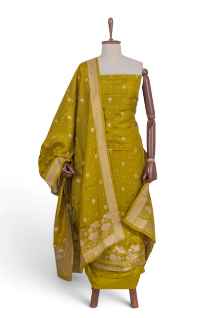 Vaanya Banaras Silk Jaquard And Butta Mehandi Green Salwar Suit Set