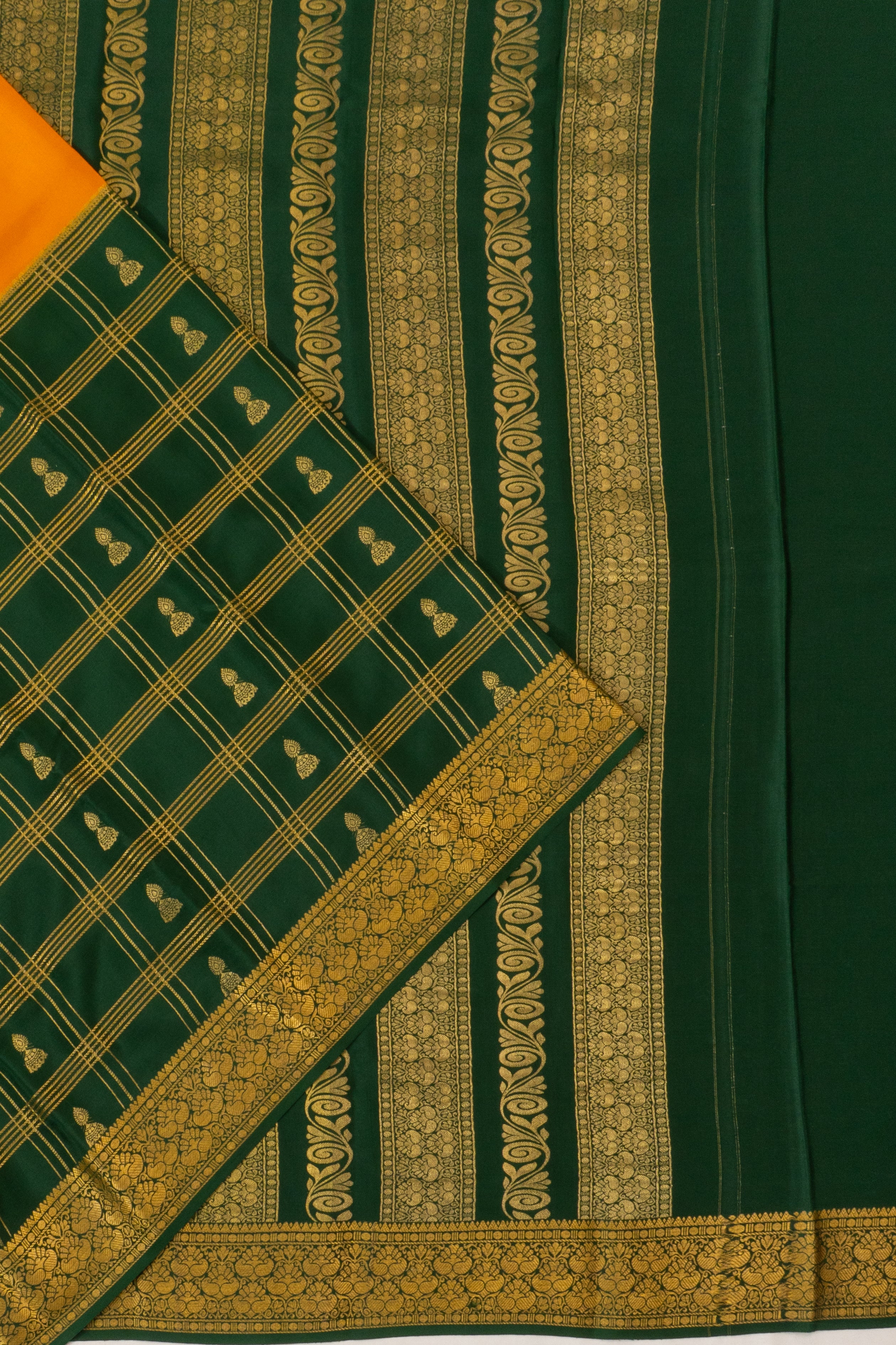 Mysore Silk Plain With Checks And Butta Mustard Yellow And Green Saree