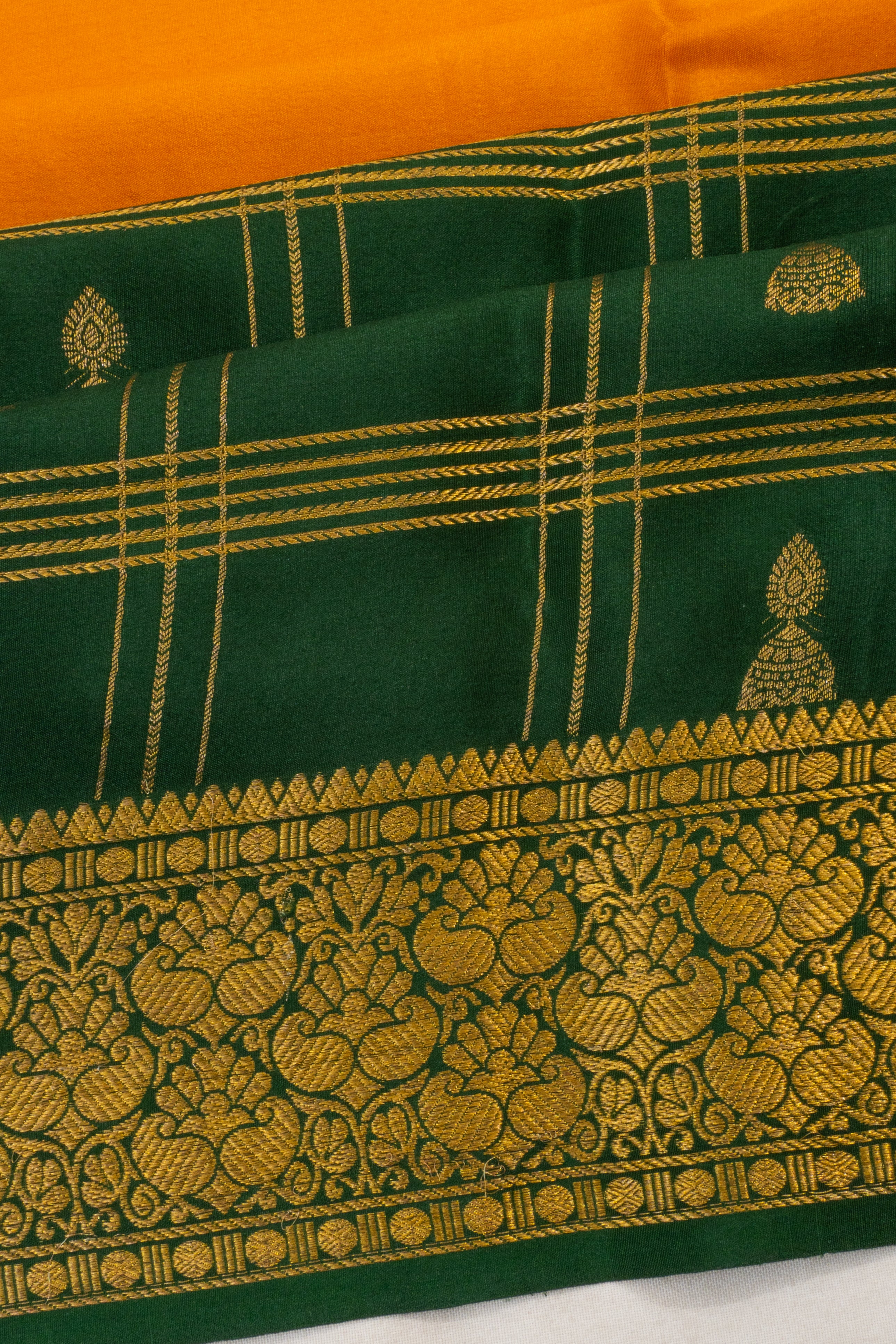 Mysore Silk Plain With Checks And Butta Mustard Yellow And Green Saree