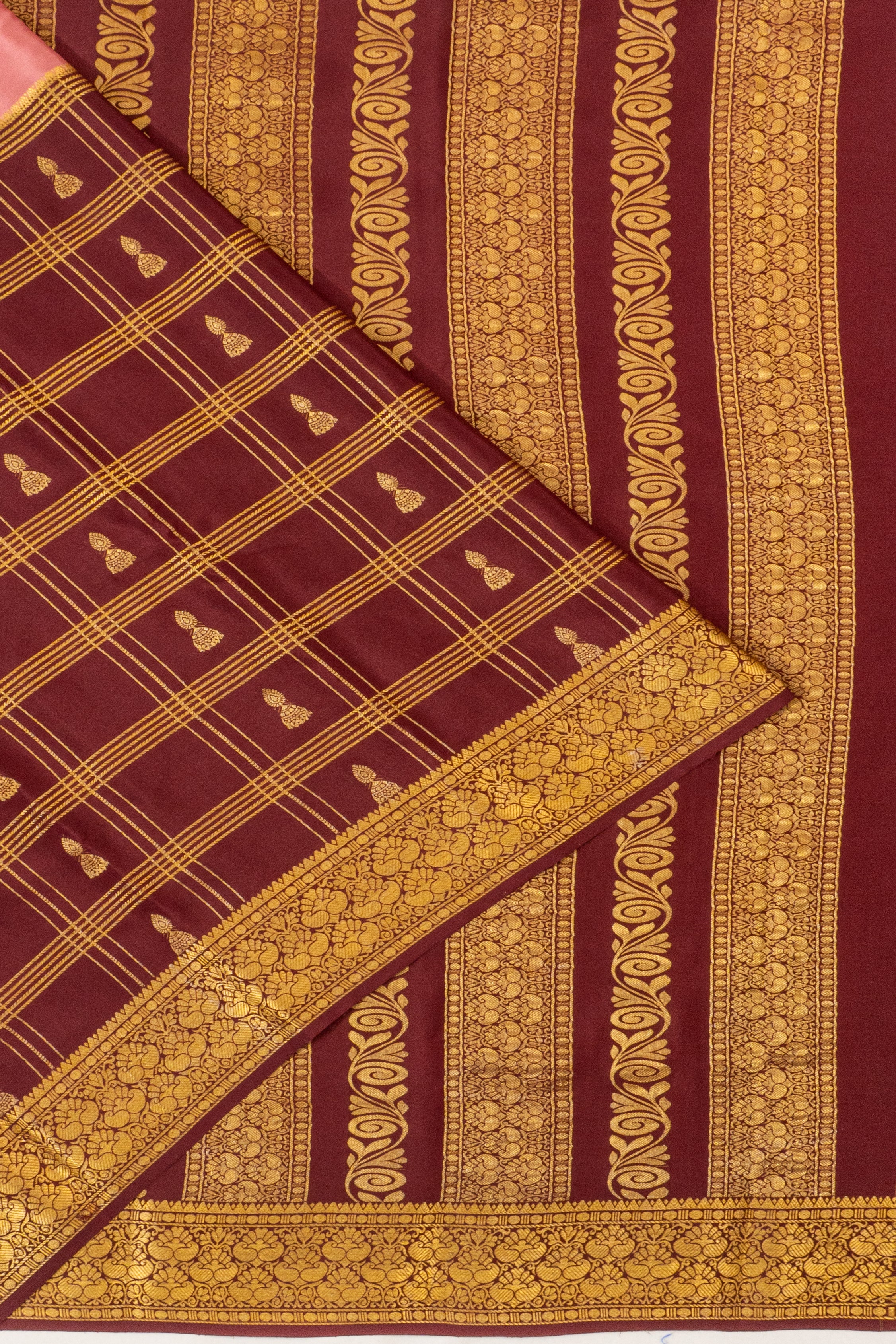 Mysore Silk Plain With Checks And Butta Pink And Maroon Saree
