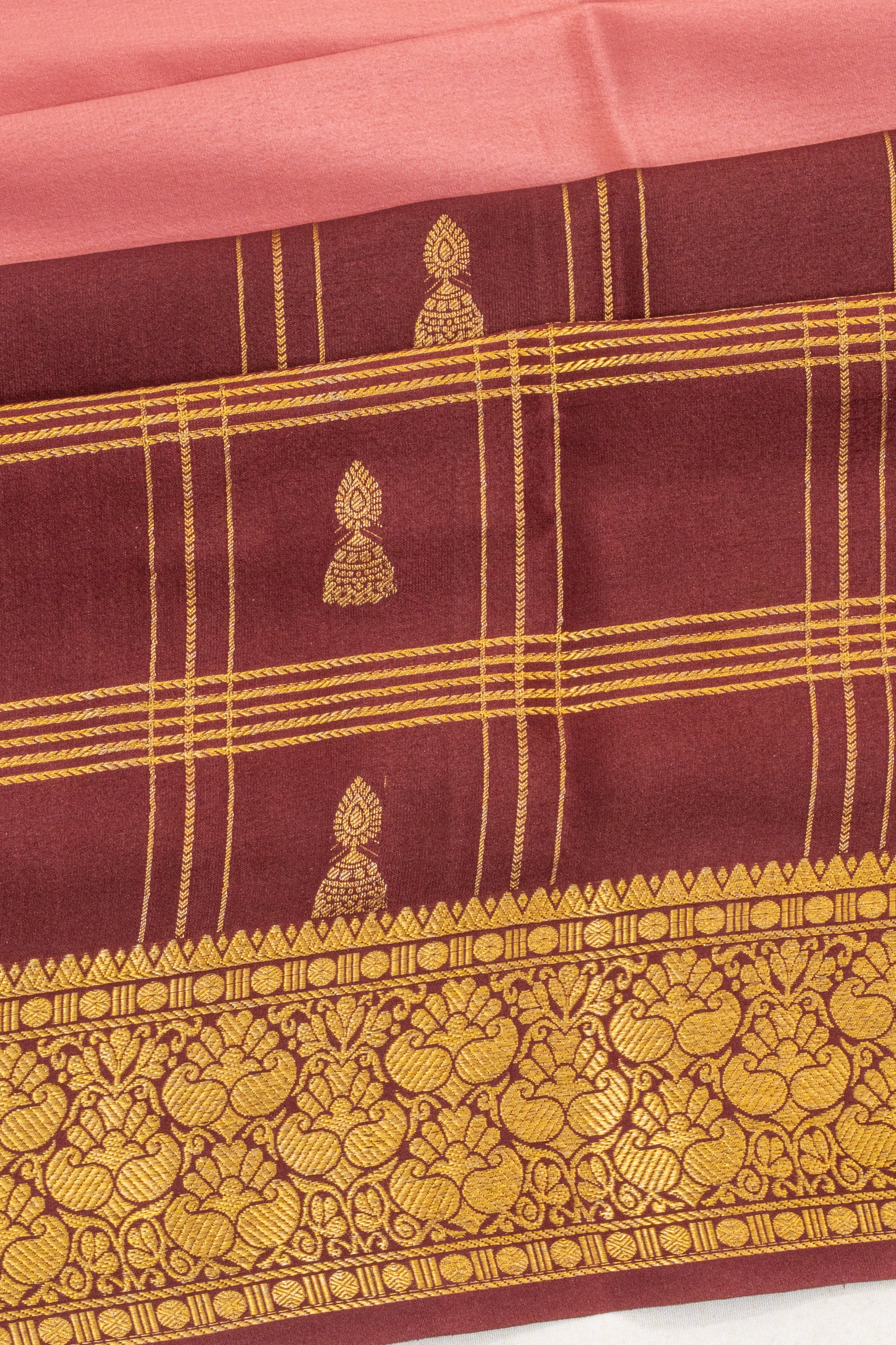 Mysore Silk Plain With Checks And Butta Pink And Maroon Saree