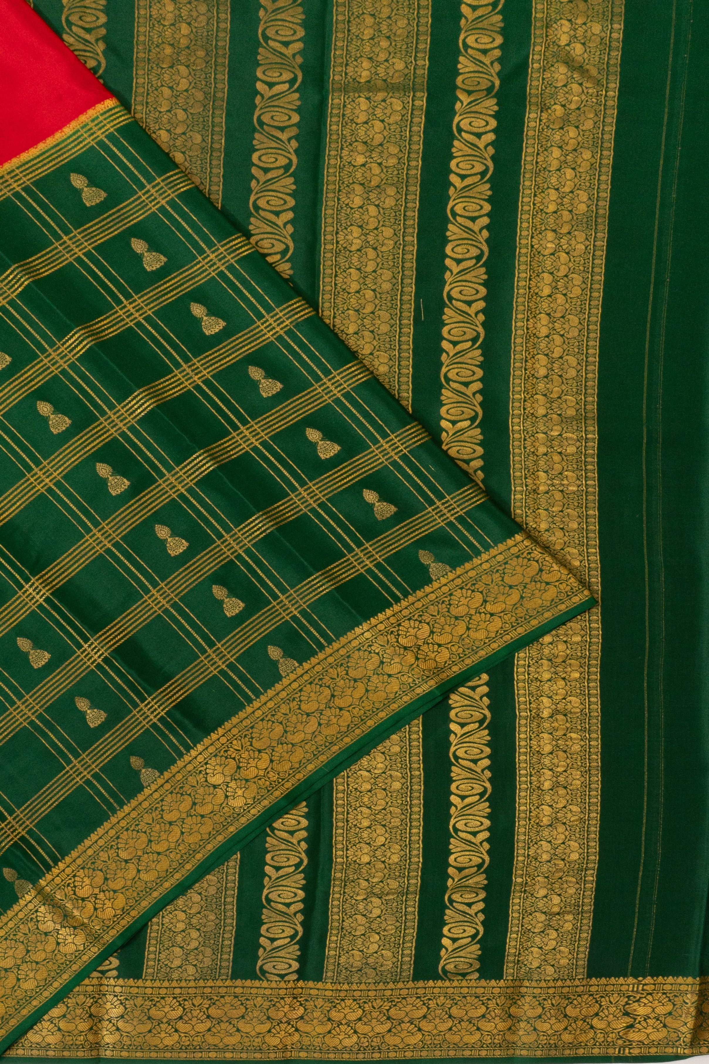 Mysore Silk Plain With Checks And Butta Red And Green Saree