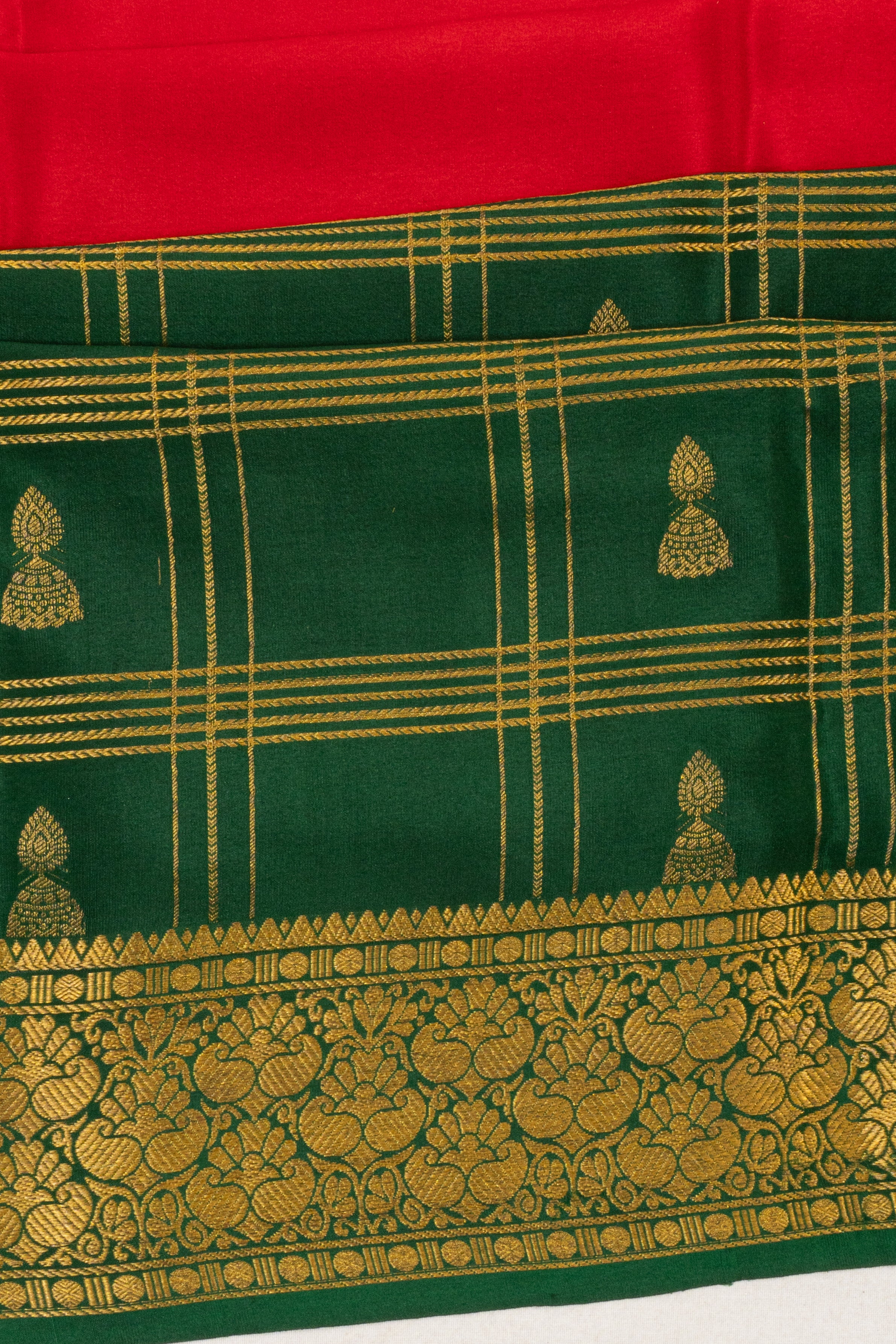 Mysore Silk Plain With Checks And Butta Red And Green Saree