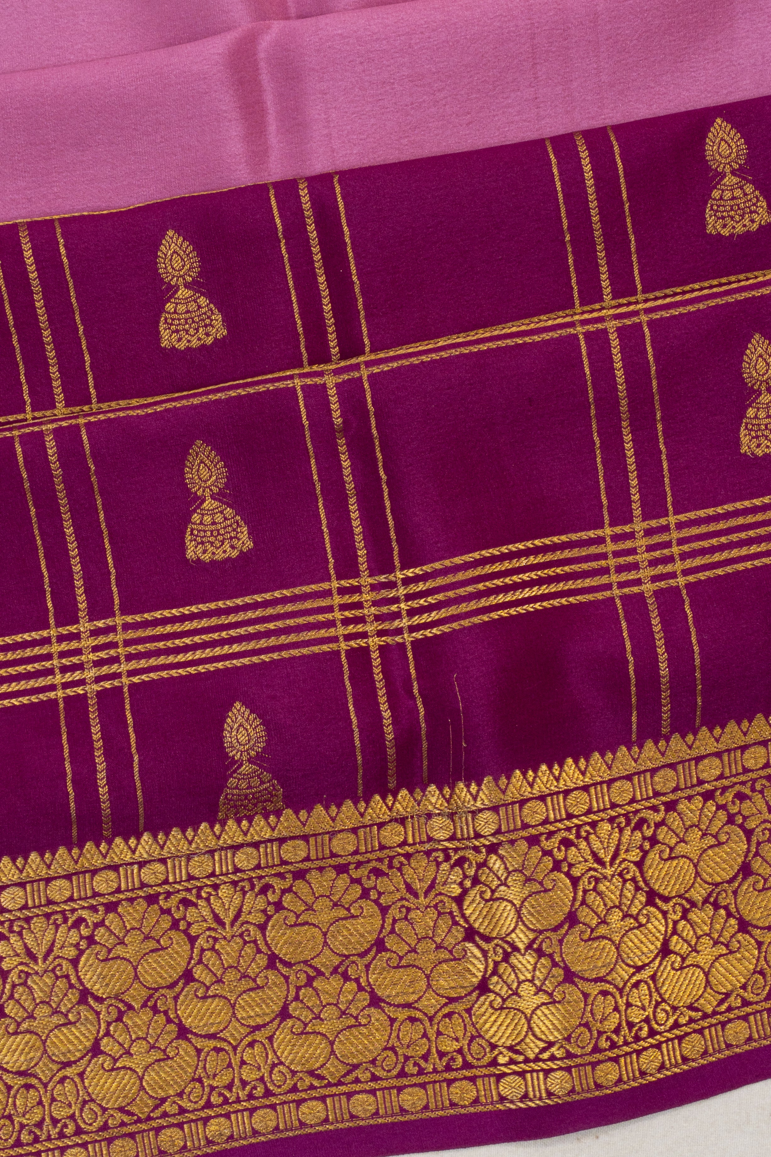 Mysore Silk Plain With Checks And Butta Pink And Purple Saree